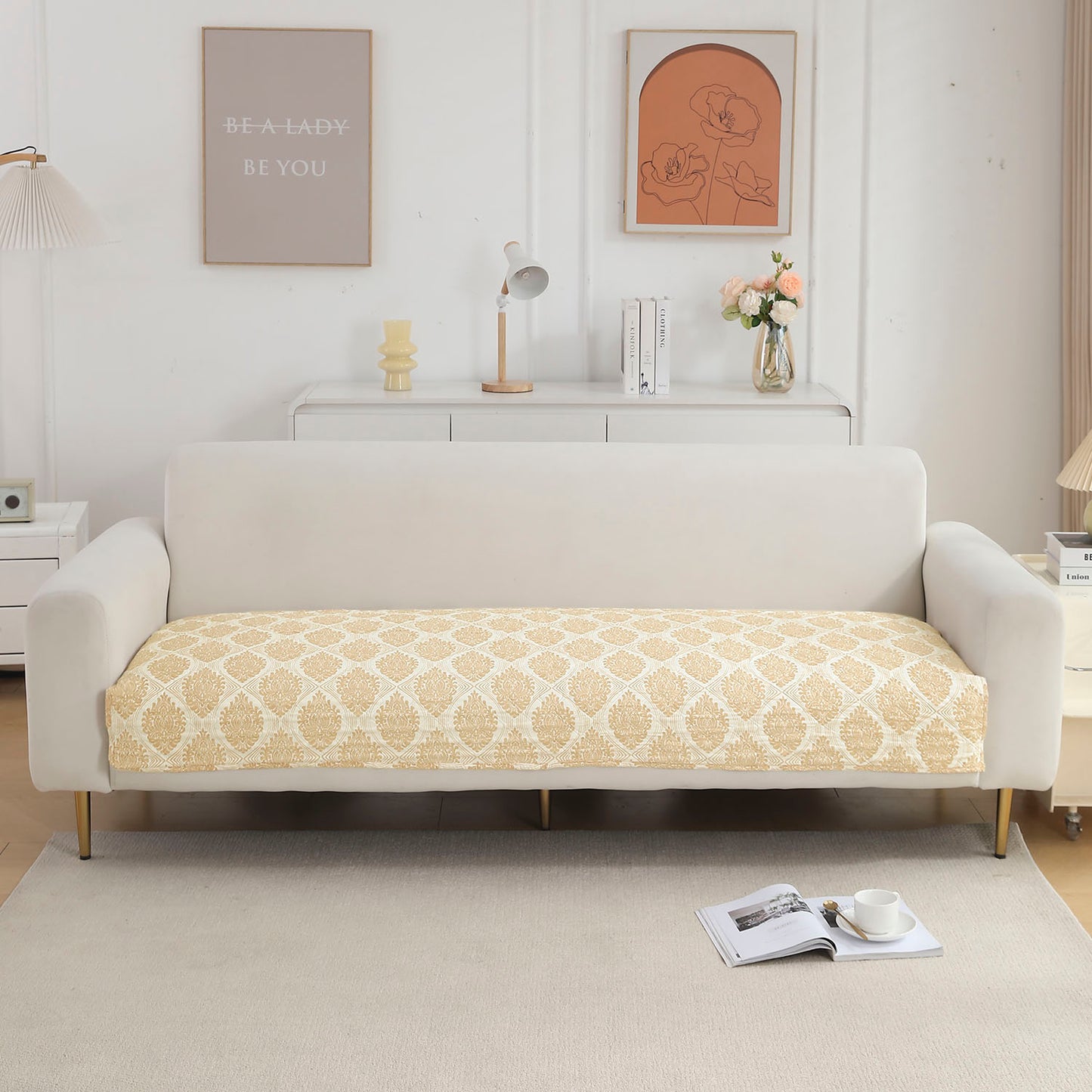 Quilted Sofa Seat Mat Covers for 1/2/3 Seater Sofa, Ogee Ivory