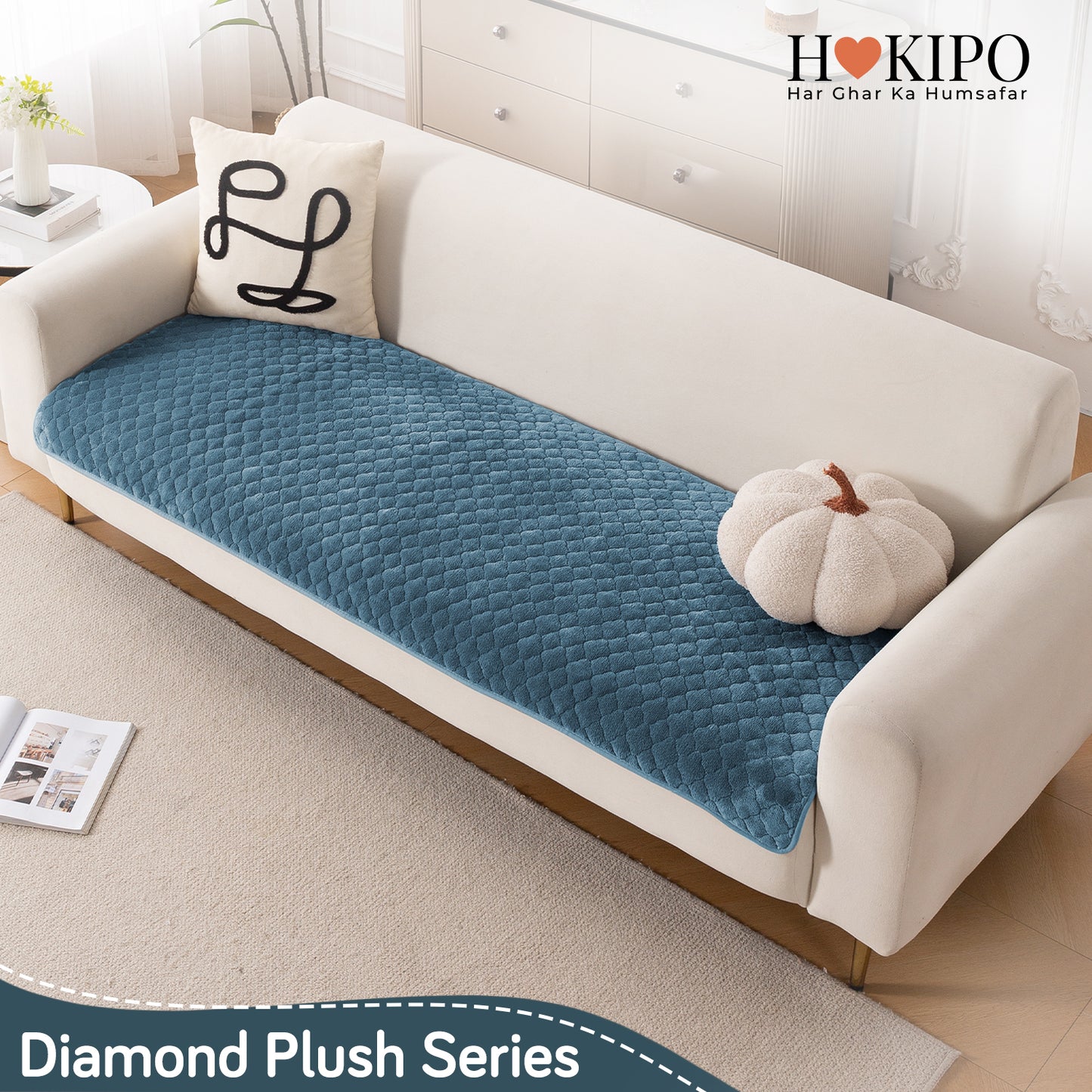 Diamond Plush Pebble Quilted Sofa Cover Mat, Blue