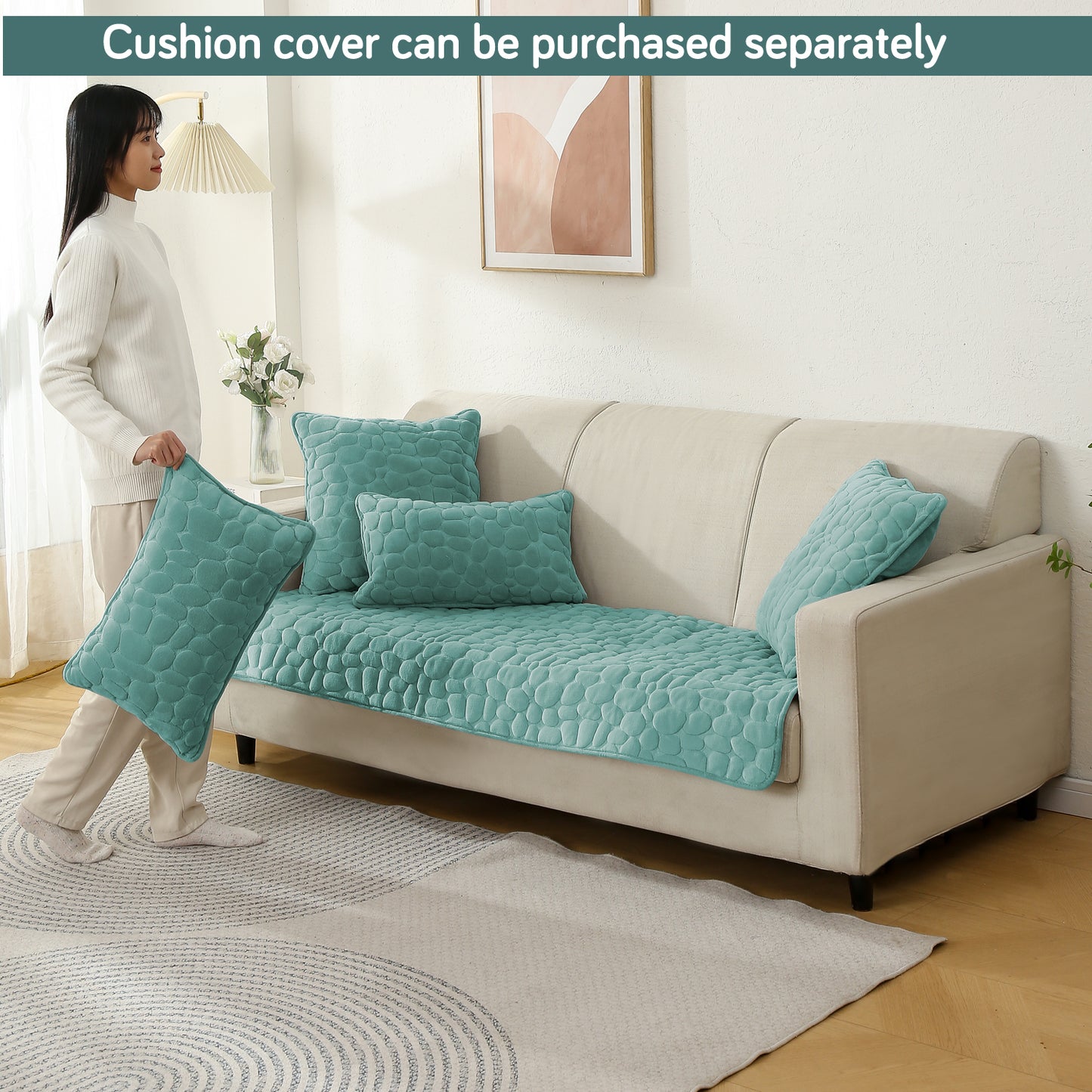 Premium Pebble Milk Velvet Anti Slip Sofa Mat for 1/2/3 Seater, Fog Blue