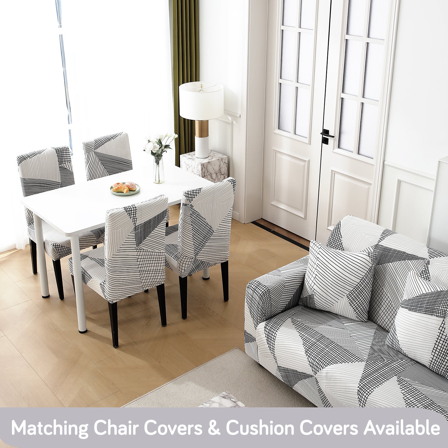 Buy Snow White Black Geometry Matching elastic covers for chairs and sofas