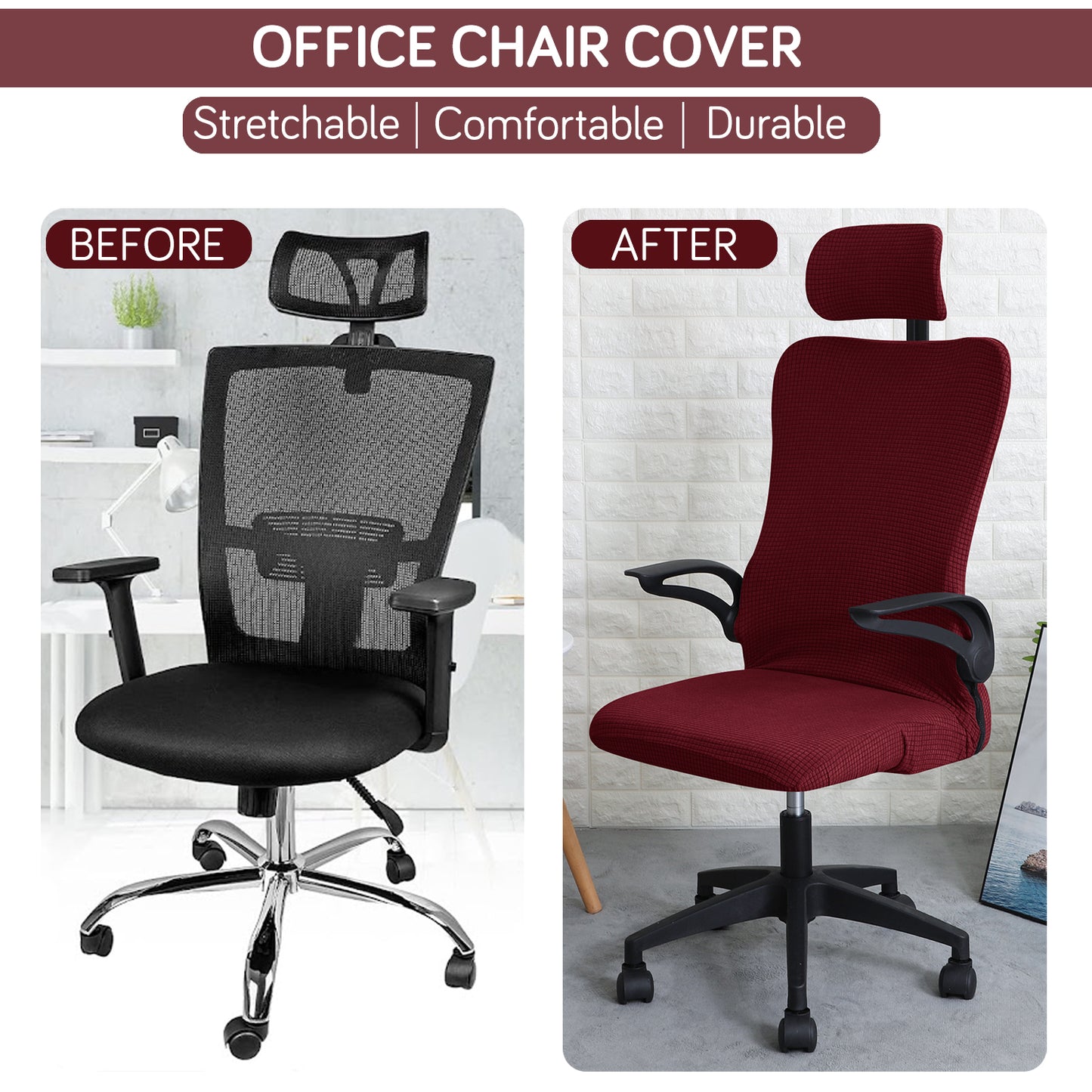 Water Repellent Office Chair Cover with Headrest (High-Back) – 210 GSM Stretch Jacquard – Washable, Anti-Slip Fit for Ergonomic Mesh Office Chairs, Burgundy
