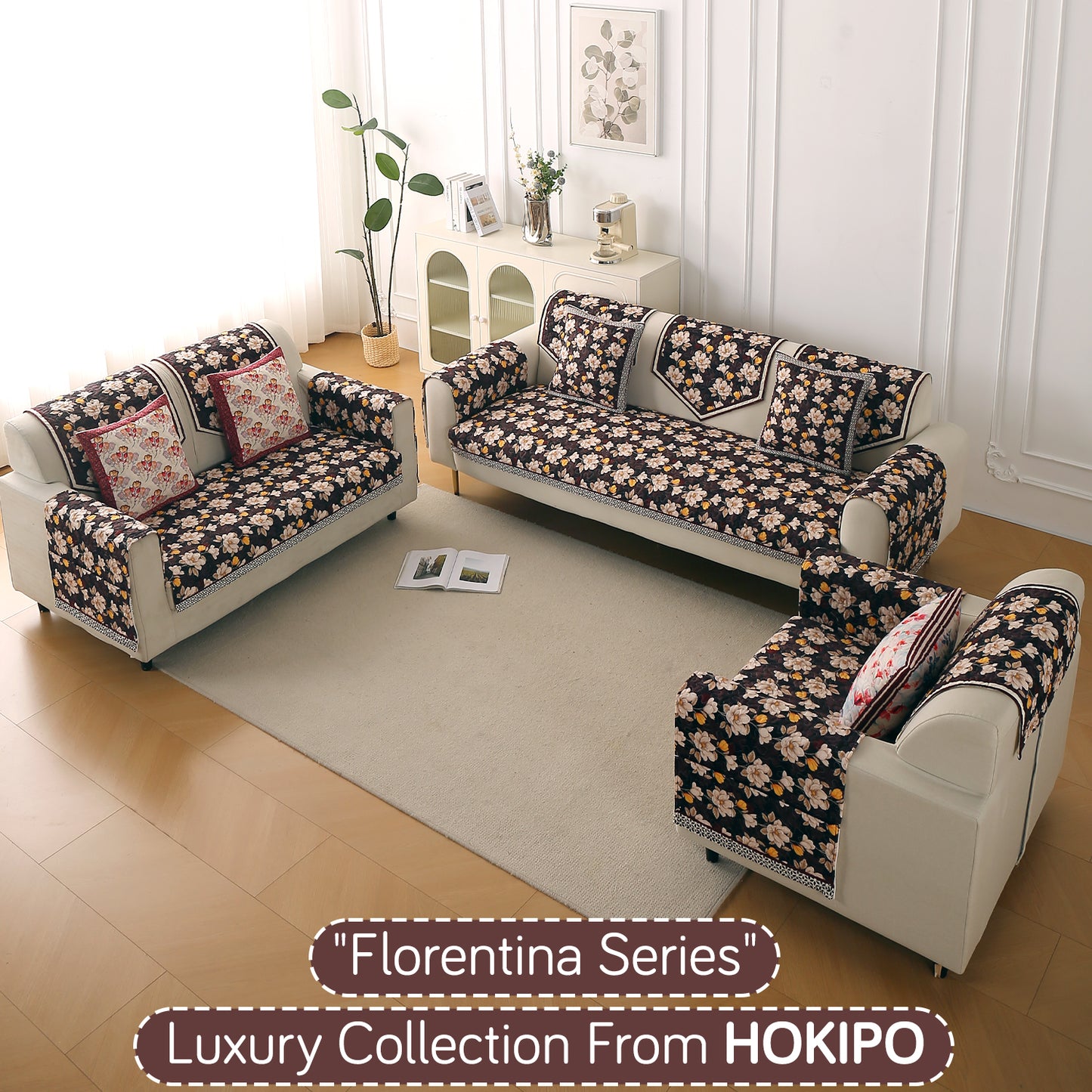 Florentina Series Printed Holland Velvet Sofa Mat - Camellia Brown