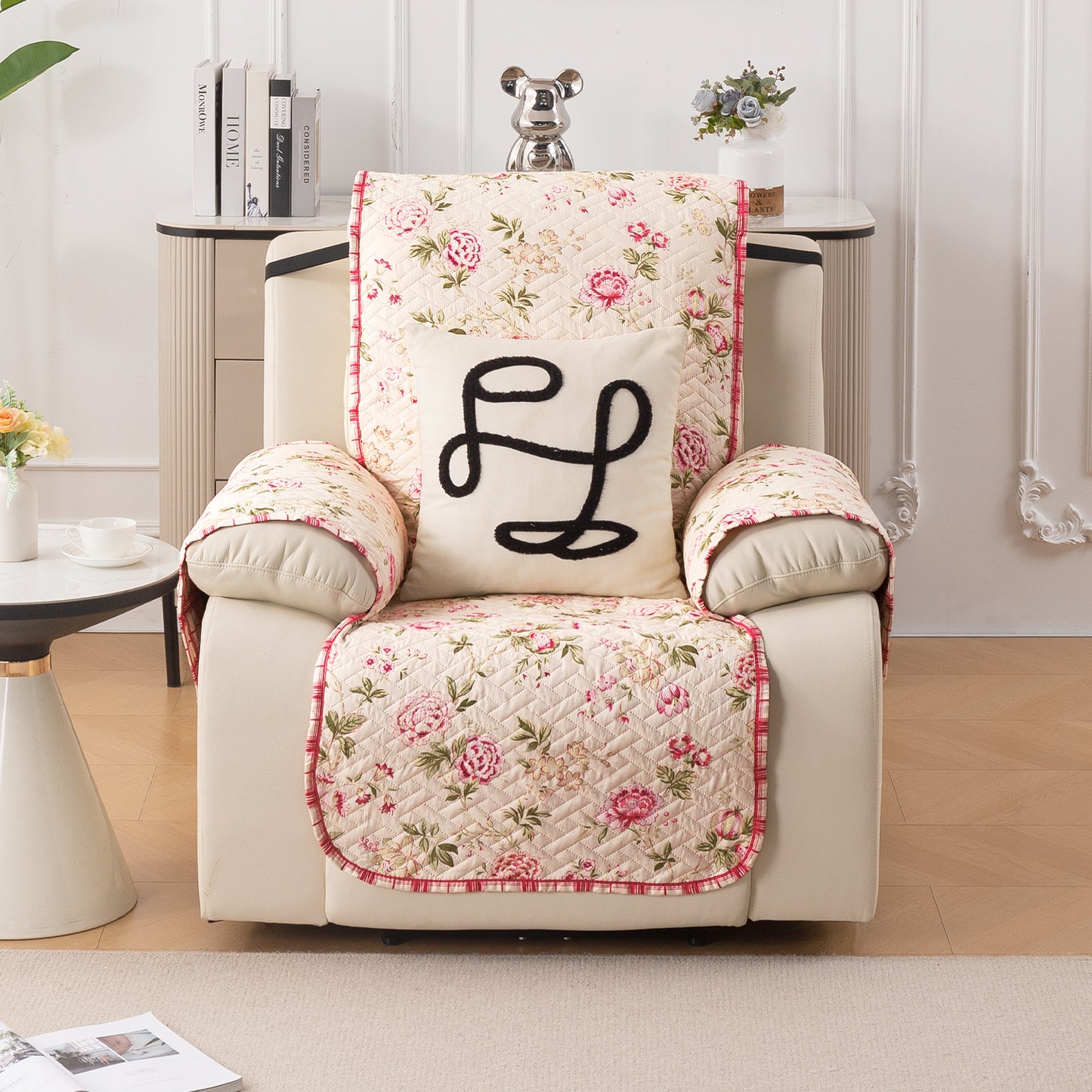 Quilted Cover for Recliner Sofa with SecureFit Belt & Side Pocket, Beige Peonies