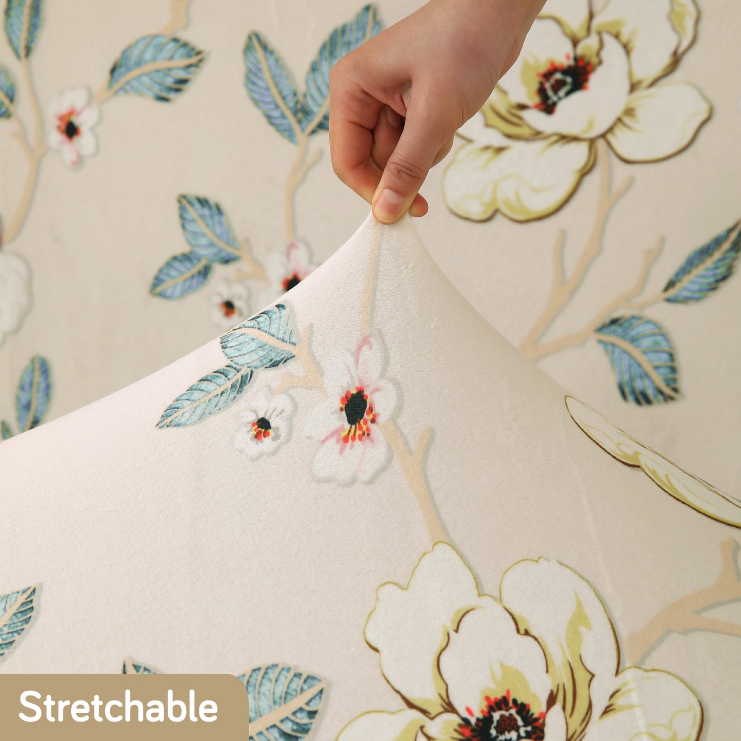 Premium Printed Velvet Sofa Cover 1/2/3 Seaters Fully Covered, Buttercream Magnolia Whisper