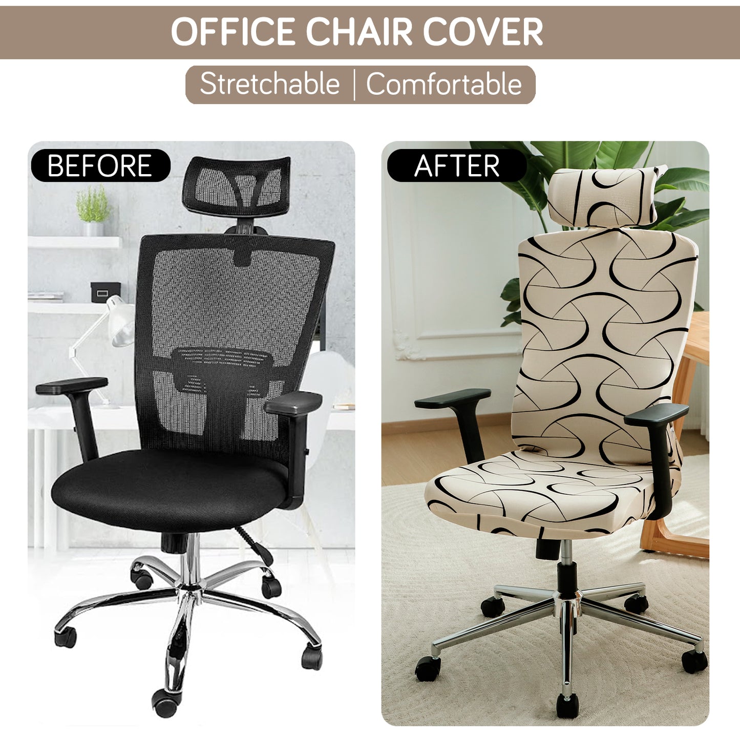 Printed Office Chair Cover with Headrest (High-Back) – 140 GSM Stretch Fabric – Washable, Anti-Slip Fit for Ergonomic Mesh Office Chairs, Natural Beige Abstract Art