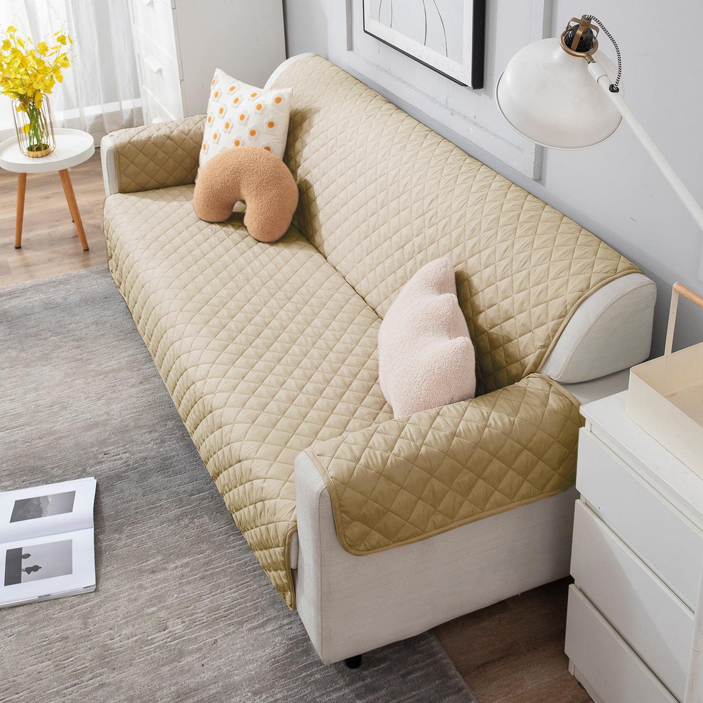 Beige quilted sofe ke cover for 4 seater
