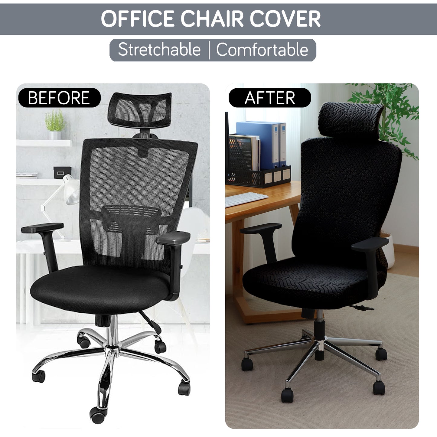 Office Chair Cover with Headrest (High-Back) – 170 GSM Stretch Jacquard – Washable, Anti-Slip Fit for Ergonomic Mesh Office Chairs, Black