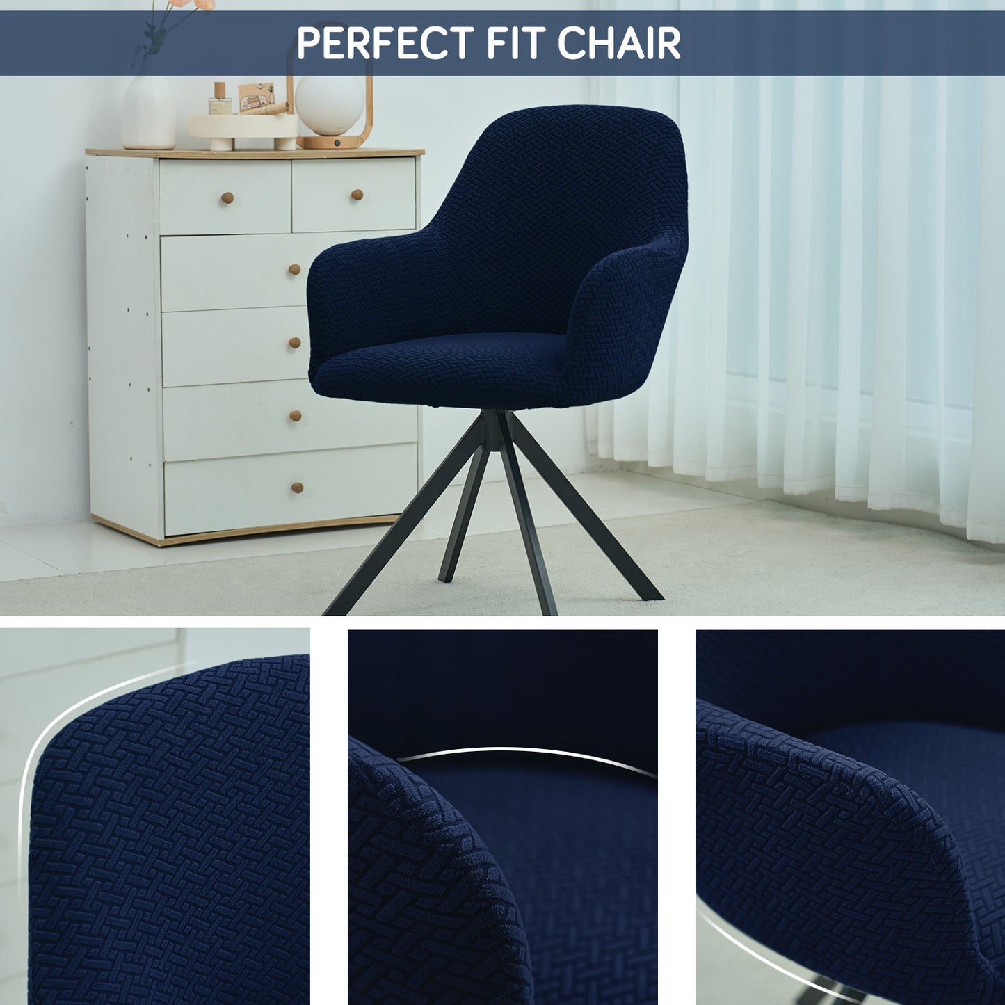 Premium Jacquard Fully Covered Cover for Swivel Dining Chair with Arms, Navy Blue
