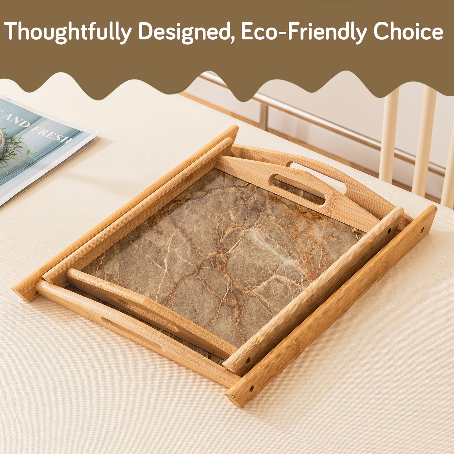 Bamboo Set of 2 Serving Trays with Handles – elegant faux marble base, Brown