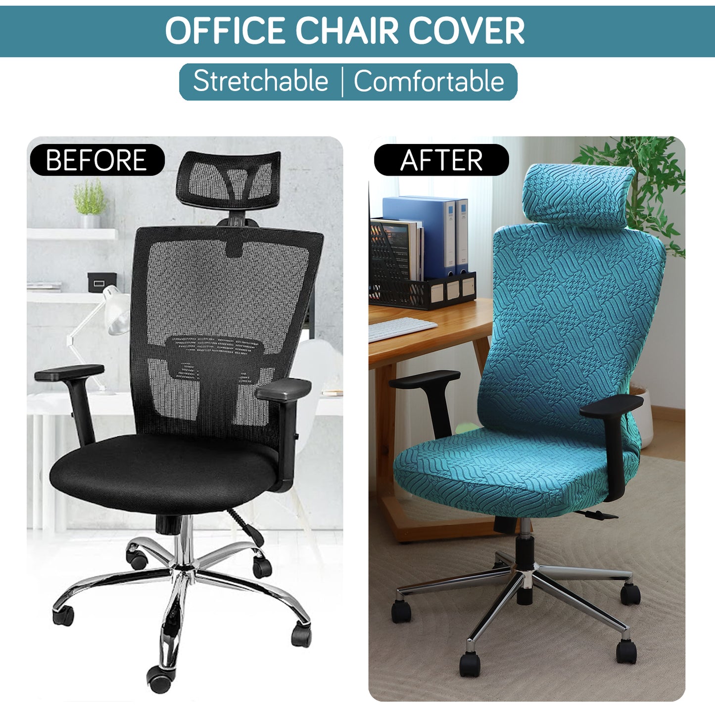 Office Chair Cover with Headrest (High-Back) – 170 GSM Stretch Jacquard – Washable, Anti-Slip Fit for Ergonomic Mesh Office Chairs, Turquoise