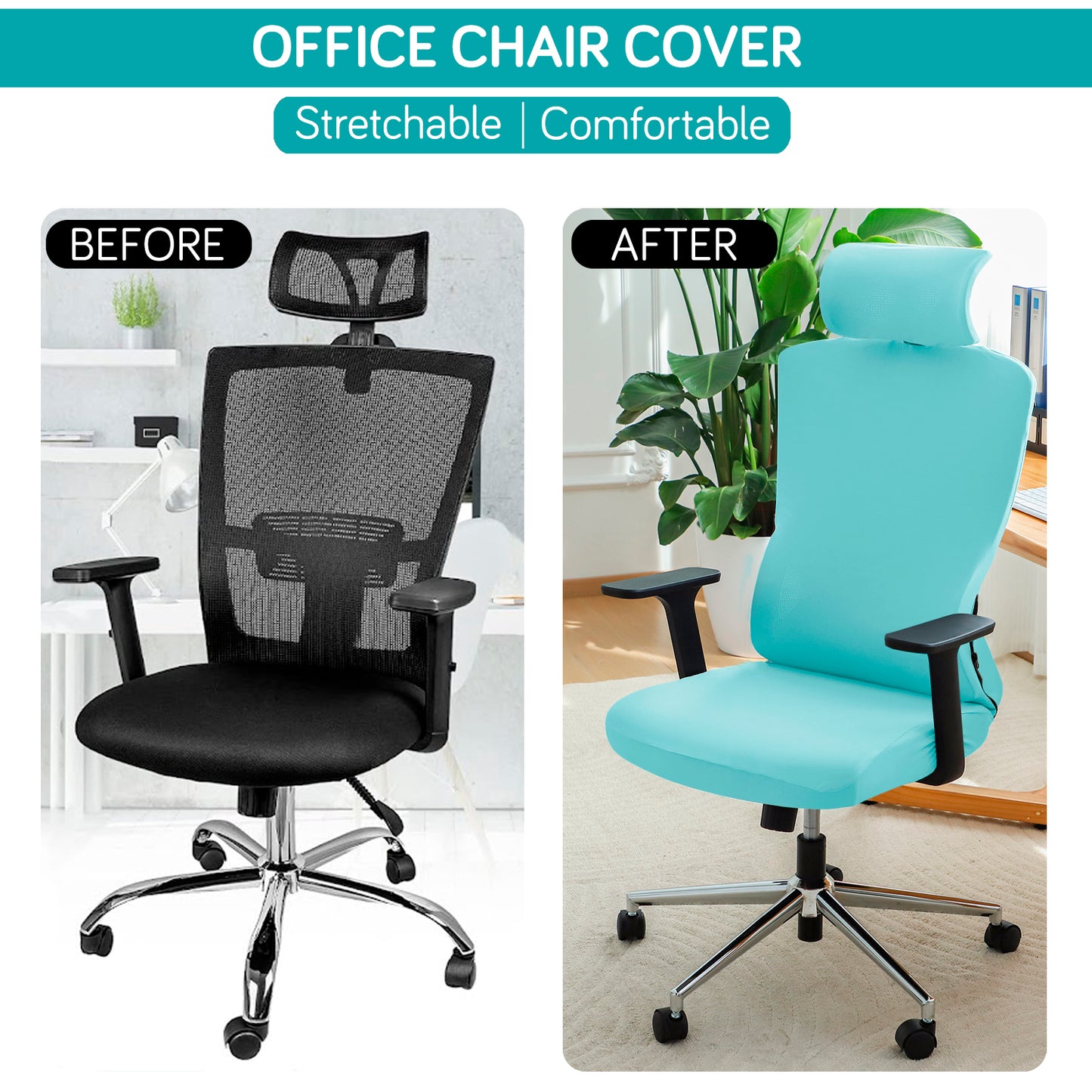 Office Chair Cover with Headrest (High-Back) – 140 GSM Stretch Fabric – Washable, Anti-Slip Fit for Ergonomic Mesh Office Chairs, Sky Blue