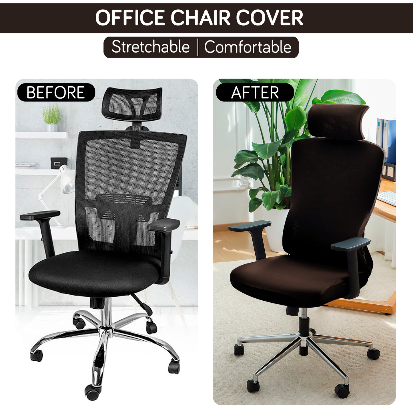 Office Chair Cover with Headrest (High-Back) – 140 GSM Stretch Fabric – Washable, Anti-Slip Fit for Ergonomic Mesh Office Chairs, Brown