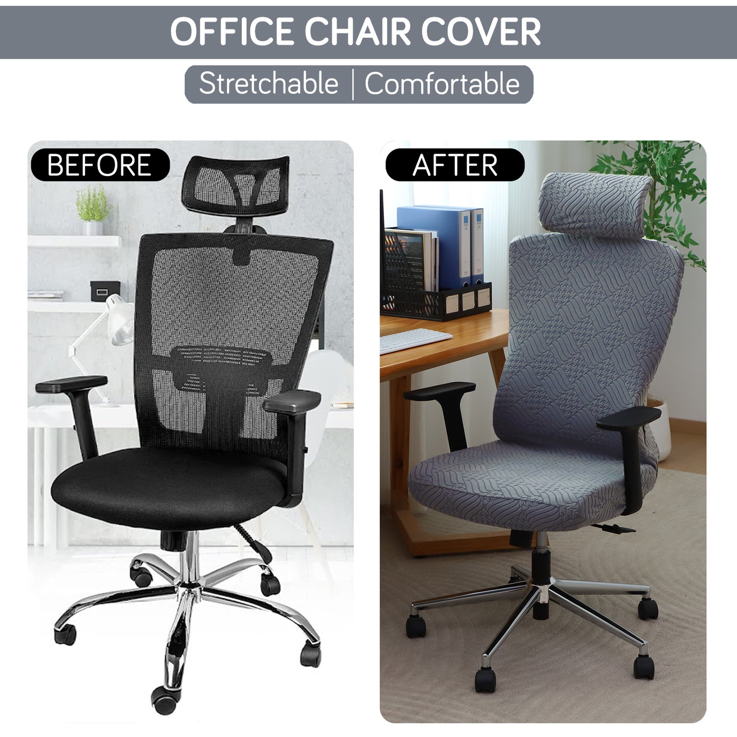 Office Chair Cover with Headrest (High-Back) – 170 GSM Stretch Jacquard – Washable, Anti-Slip Fit for Ergonomic Mesh Office Chairs, Dark Grey