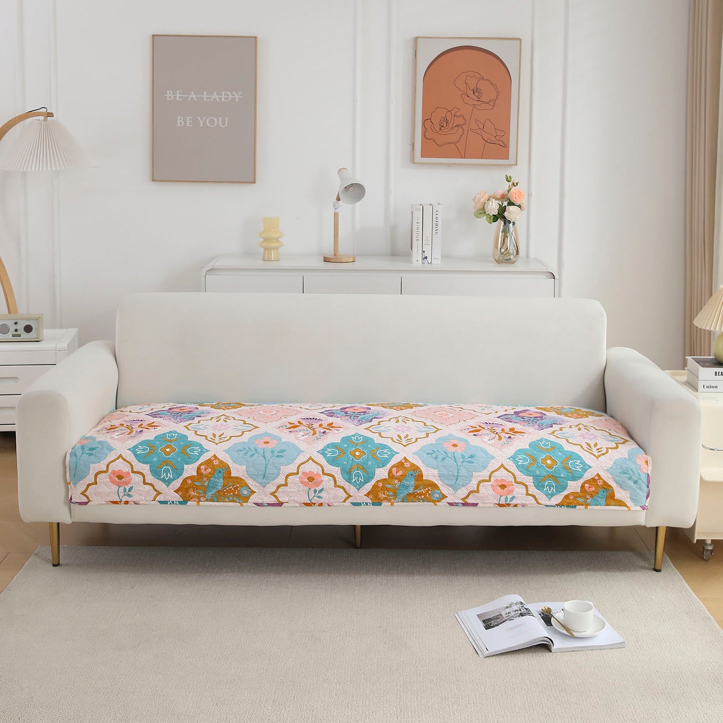 Polyester Printed Quilted Sofa Cover Mats, Quatrefoil Multicolor
