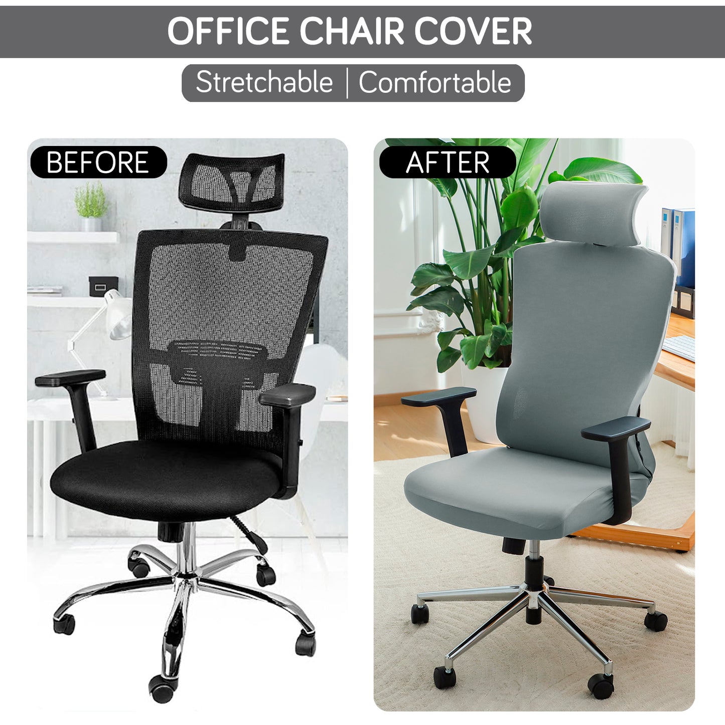 Office Chair Cover with Headrest (High-Back) – 140 GSM Stretch Fabric – Washable, Anti-Slip Fit for Ergonomic Mesh Office Chairs, Smokey Grey