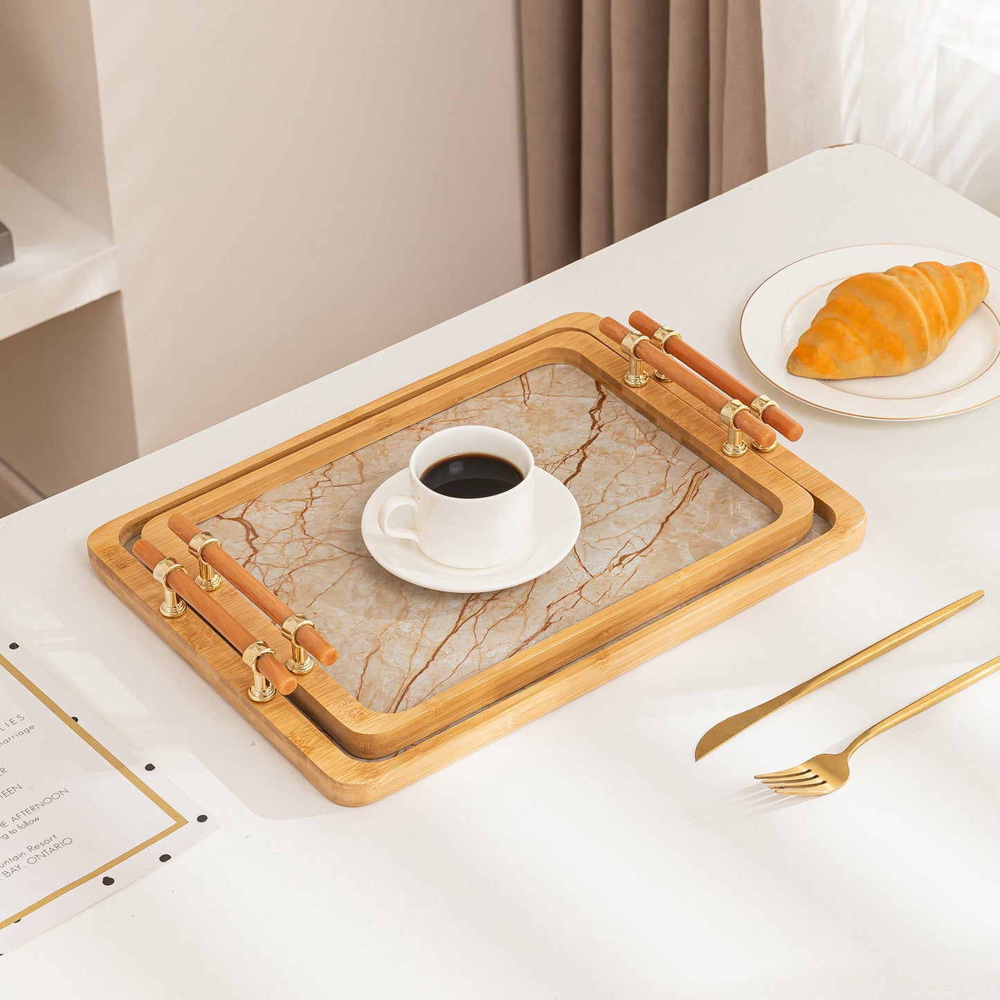 Luxury Bamboo Serving Tray Set with Faux Marble Base with Golden Handles
