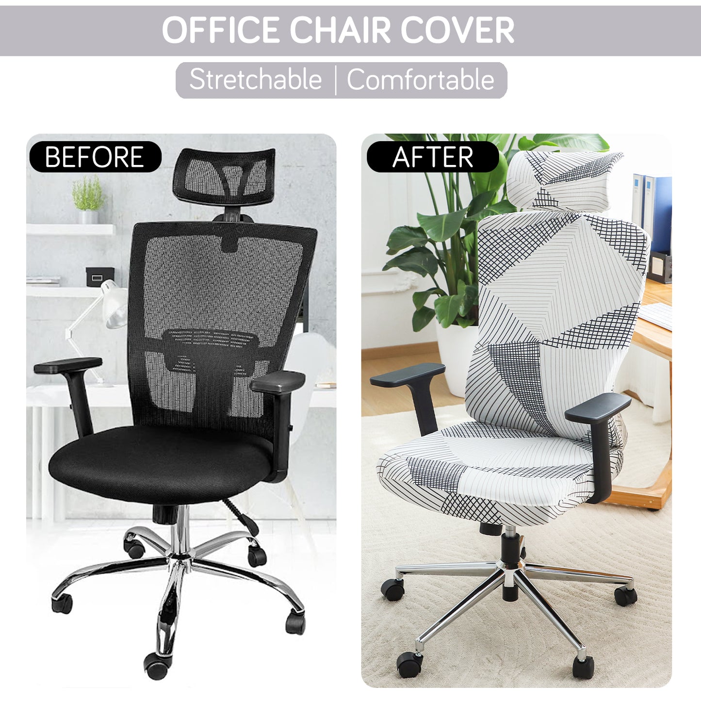 Printed Office Chair Cover with Headrest (High-Back) – 140 GSM Stretch Fabric – Washable, Anti-Slip Fit for Ergonomic Mesh Office Chairs, Snow White Black Geometry