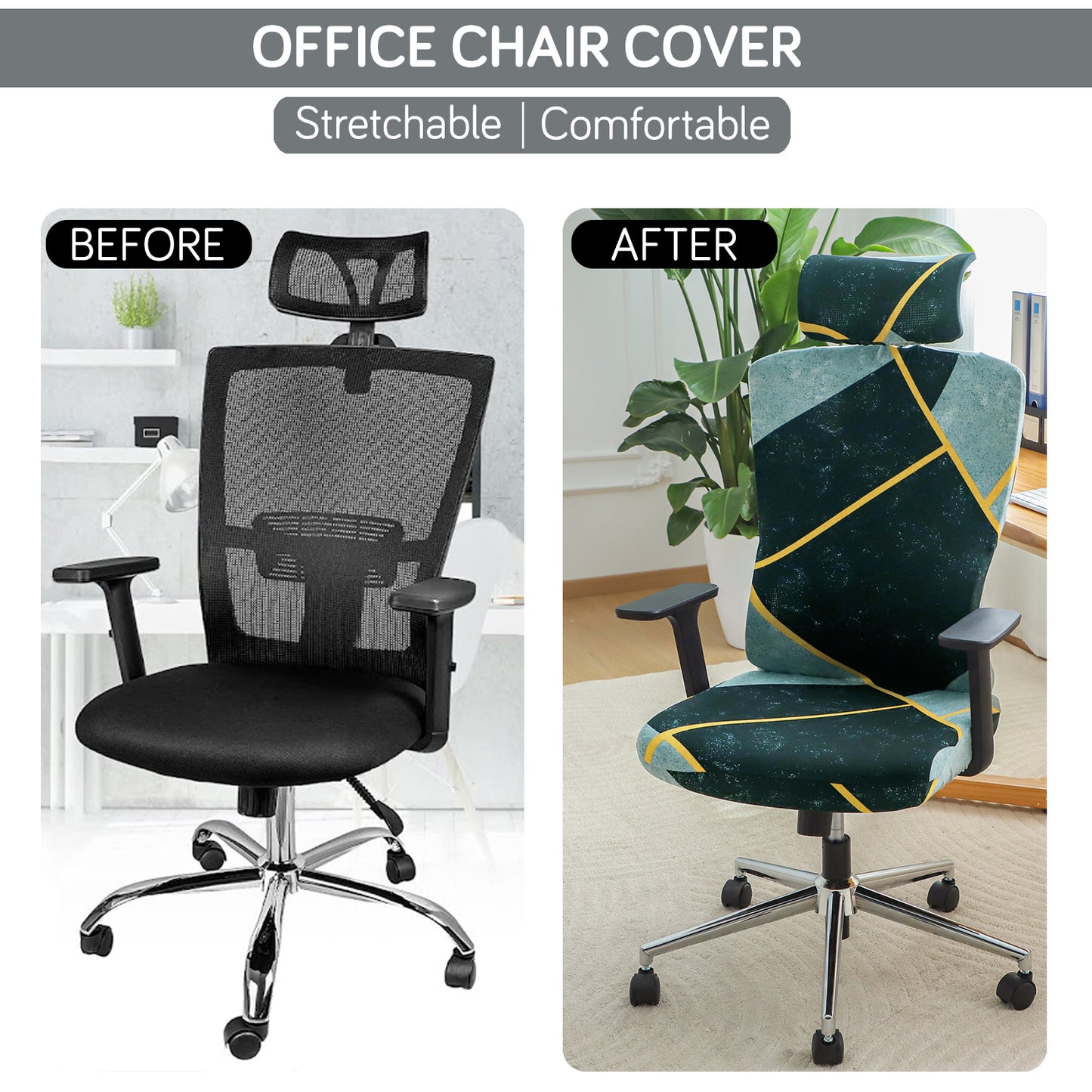 Printed Office Chair Cover with Headrest (High-Back) – 140 GSM Stretch Fabric – Washable, Anti-Slip Fit for Ergonomic Mesh Office Chairs, Multicolor Abstract Geometry