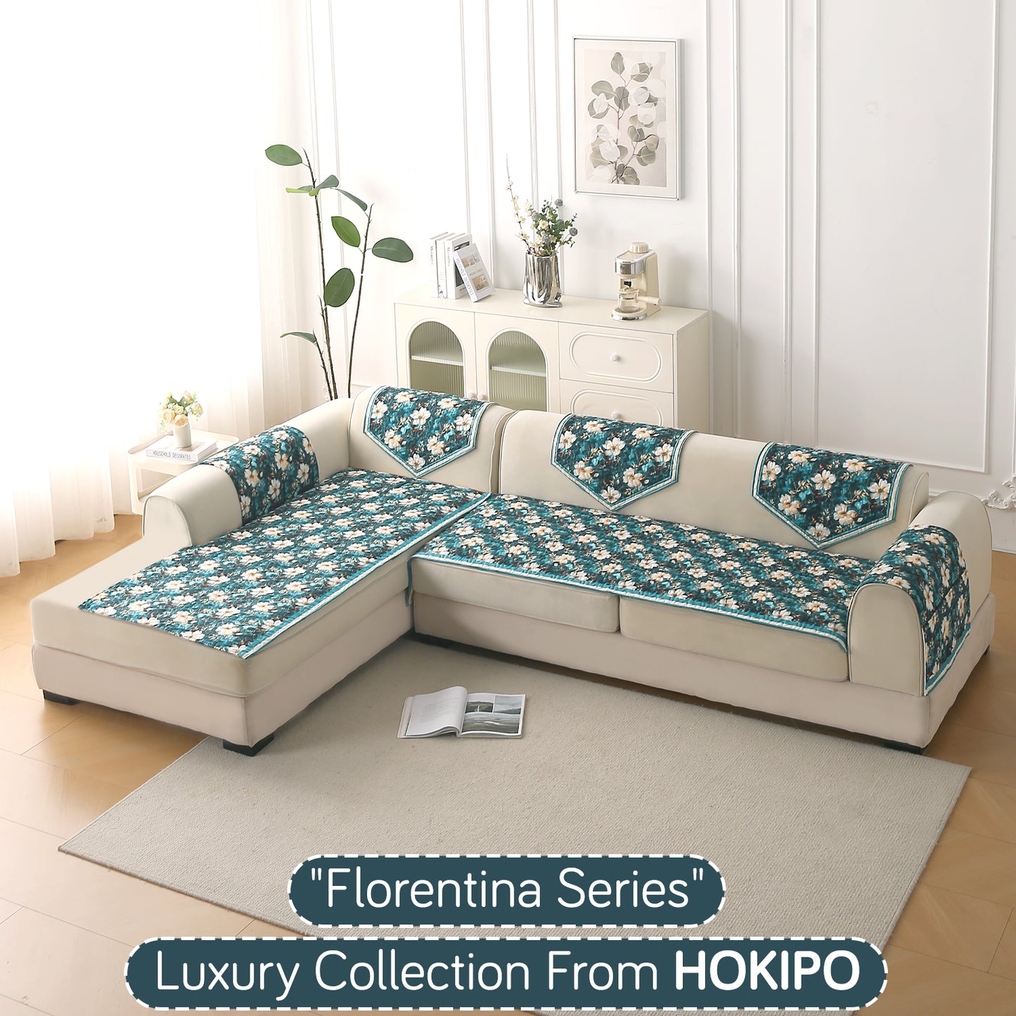 Florentina Series Quilted Holland Velvet L Shape Sofa Seat Mat - Pansies Teal