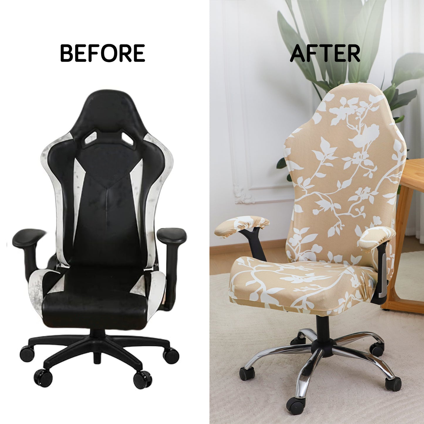 Printed Gaming Chair Seat Cover Elastic Computer Rotating Chair, Buff Brown Sillehoute Floral