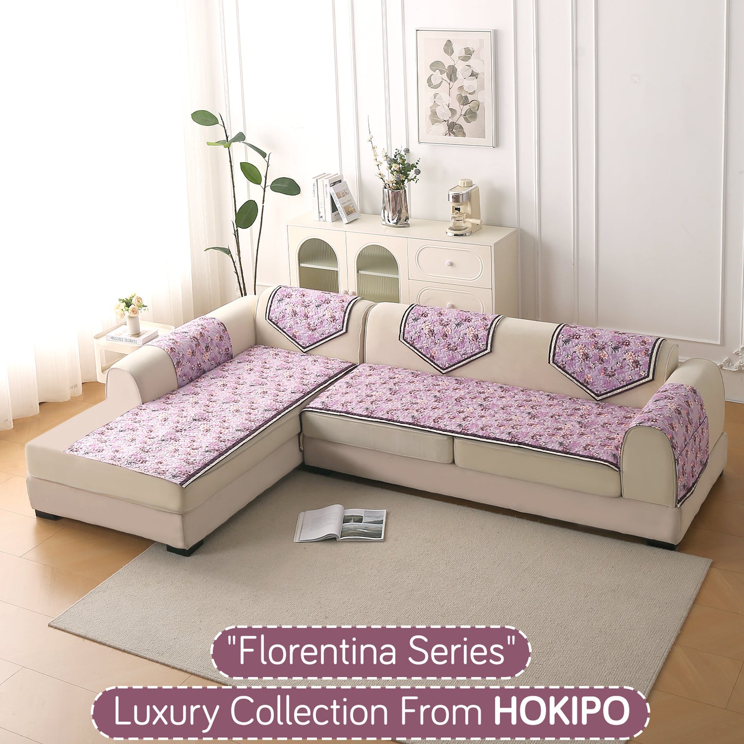 Florentina Series Quilted Holland Velvet L Shape Sofa Seat Mat - Peony Lavender