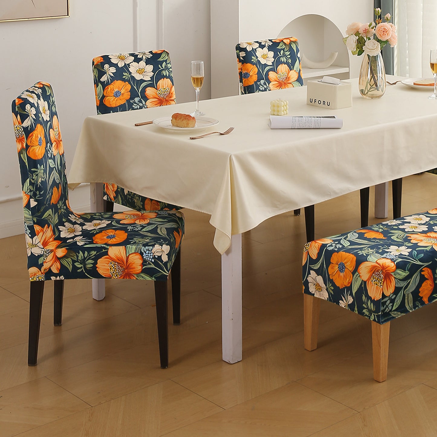 Premium Velvet Cover Set for 4 Dining Chairs + 1 Dining Bench, Teal Twilight Garden