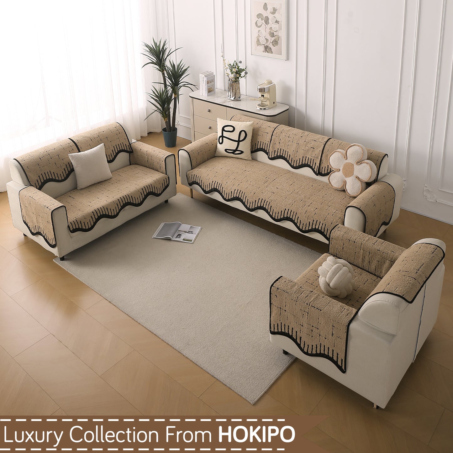 Premium Supple Soft Wavy with Curve Sofa Cover Mat, Brown