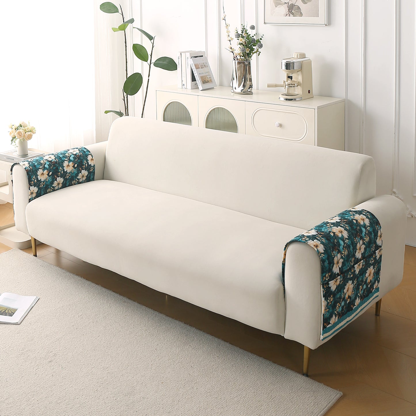 Florentina Series Printed Holland Velvet Sofa Mat - Pansies Teal