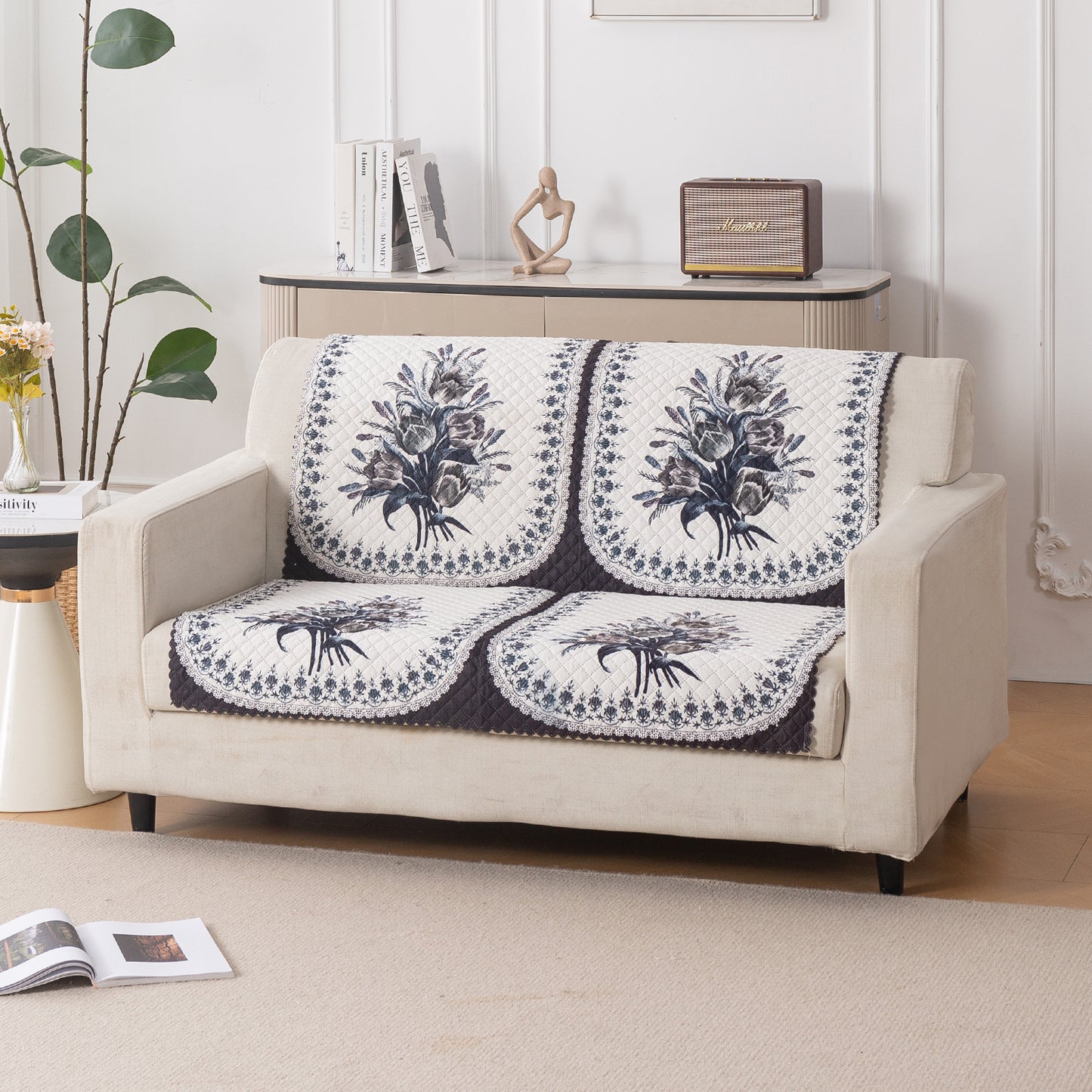 LoomVerse Quilted Sofa Cover Set Washable Sofa Panel for Seat & Back - Midnight Bloom