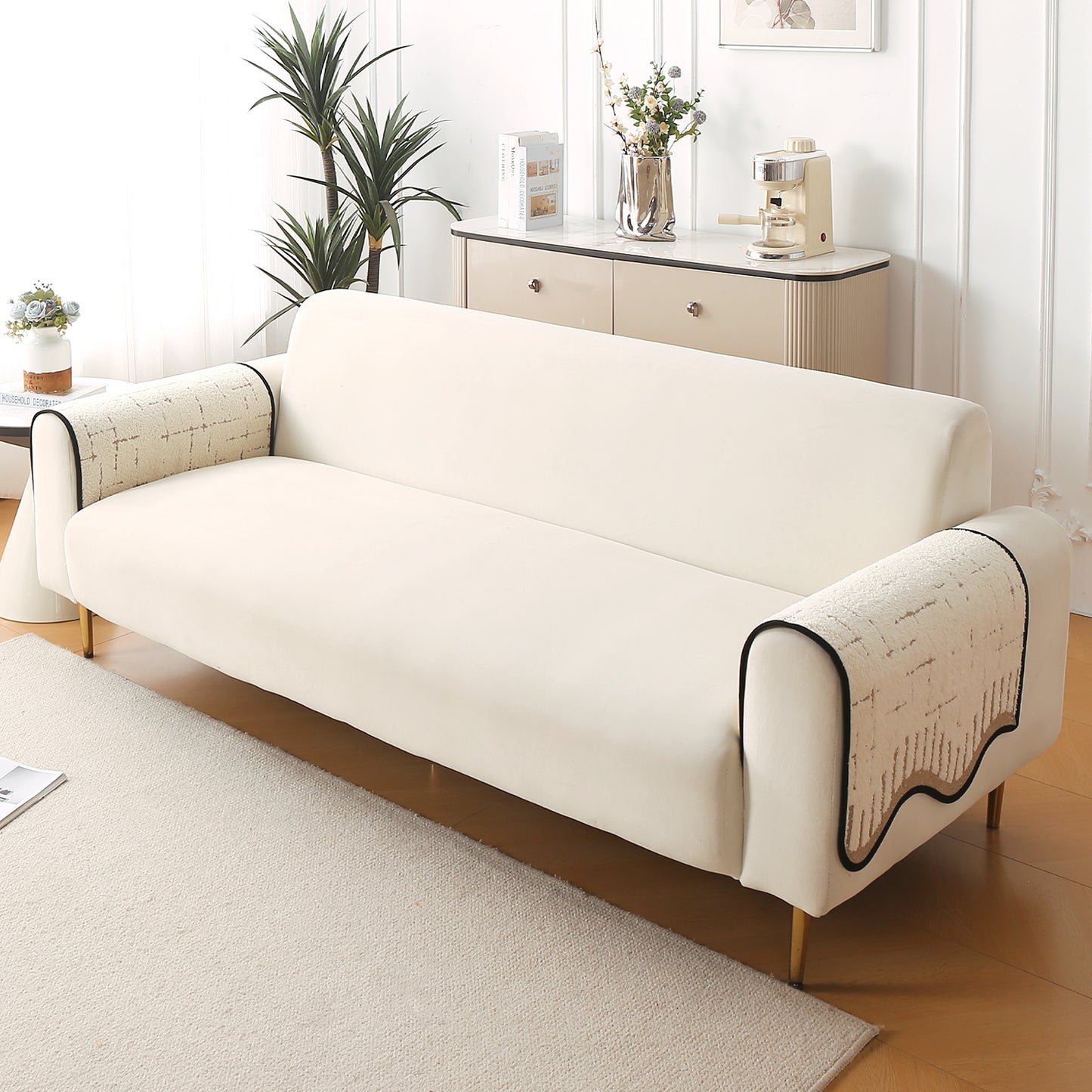 Premium Supple Soft Wavy with Curve Sofa Cover Mat, Cream Brown