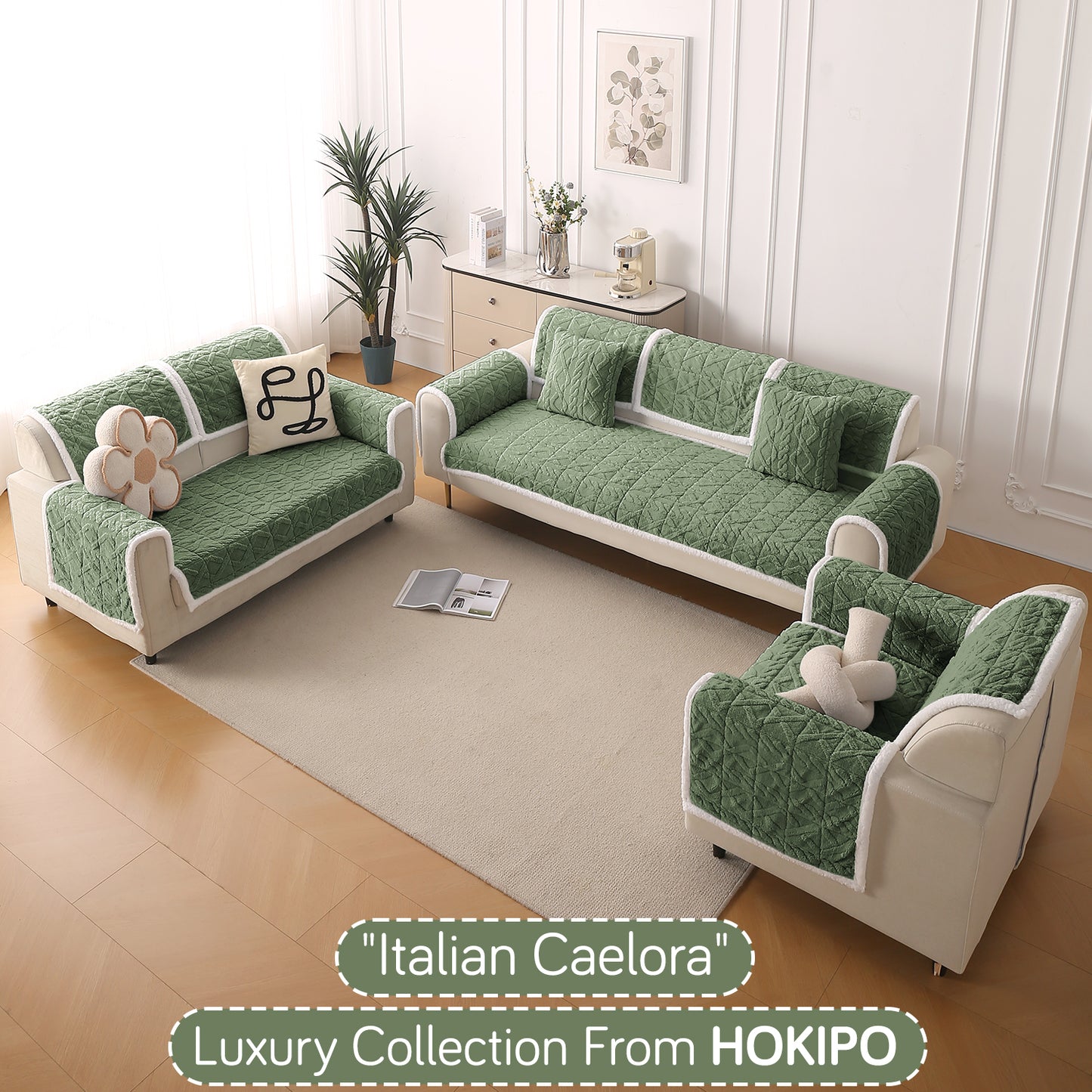 'Italian Caelora' Luxury Jacquard Plush Anti-Slip Sofa Cover Mat - Sage Green