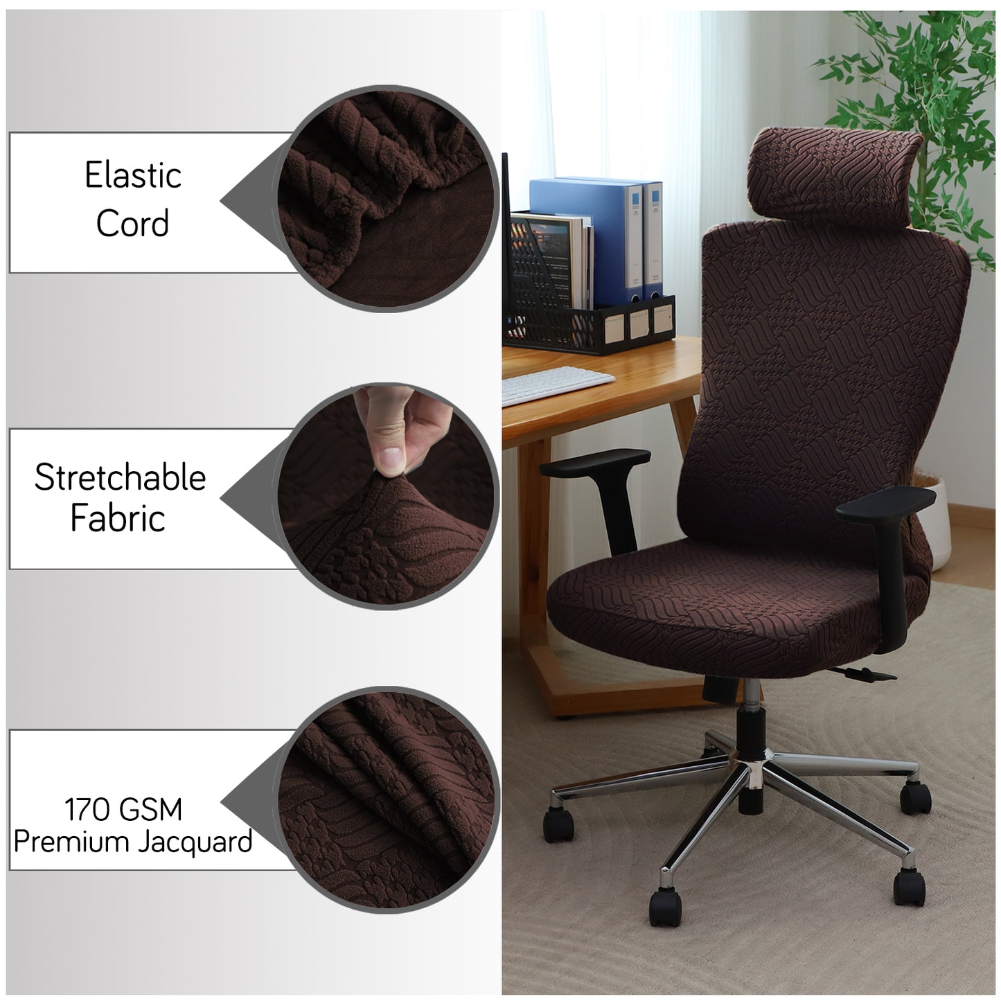 Office Chair Cover with Headrest (High-Back) – 170 GSM Stretch Jacquard – Washable, Anti-Slip Fit for Ergonomic Mesh Office Chairs, Brown