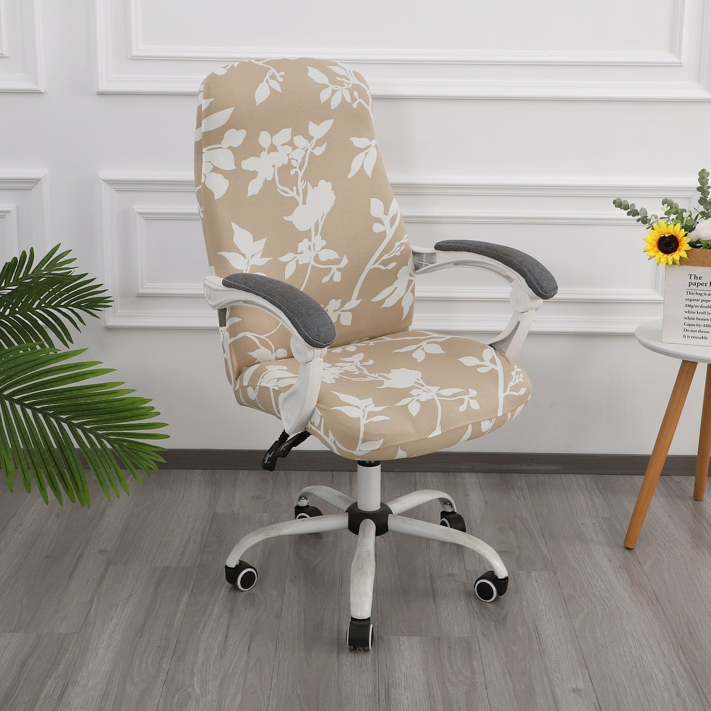 Printed Office Chair Cover for Desk Chair (Mid-Back) – 140 GSM Stretch Fabric – Durable & Anti-Slip – Fits Mid-Back Office Chairs, Buff Brown Sillehoute Floral - Medium