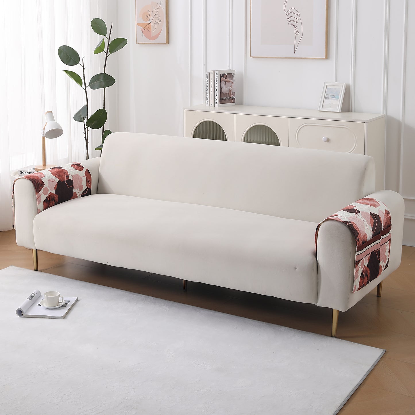 LiefNest Holland Velvet Sofa Cover Mat with Foam Filling - Geometric Hexagon Cider