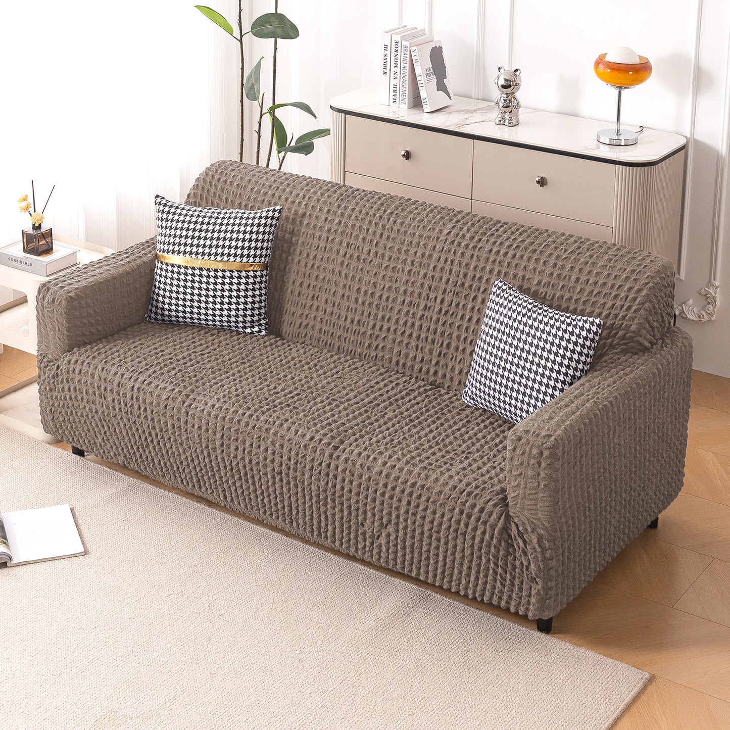 Aria Nova Elastic 280 GSM Stretchable Bubble Sofa Cover , Mocha Brown