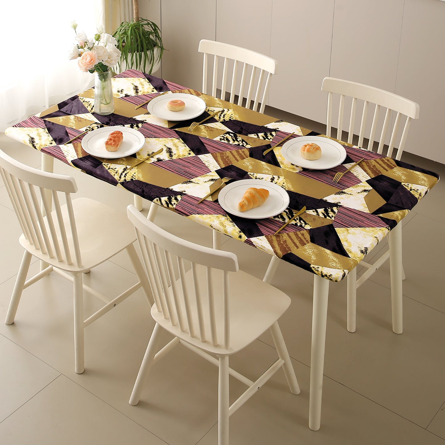 Printed Stretch Fit Water-Repellent & Anti-Slip Table Cloth Cover for 4 Seater / 6 Seater, Wine Abstract Geometry