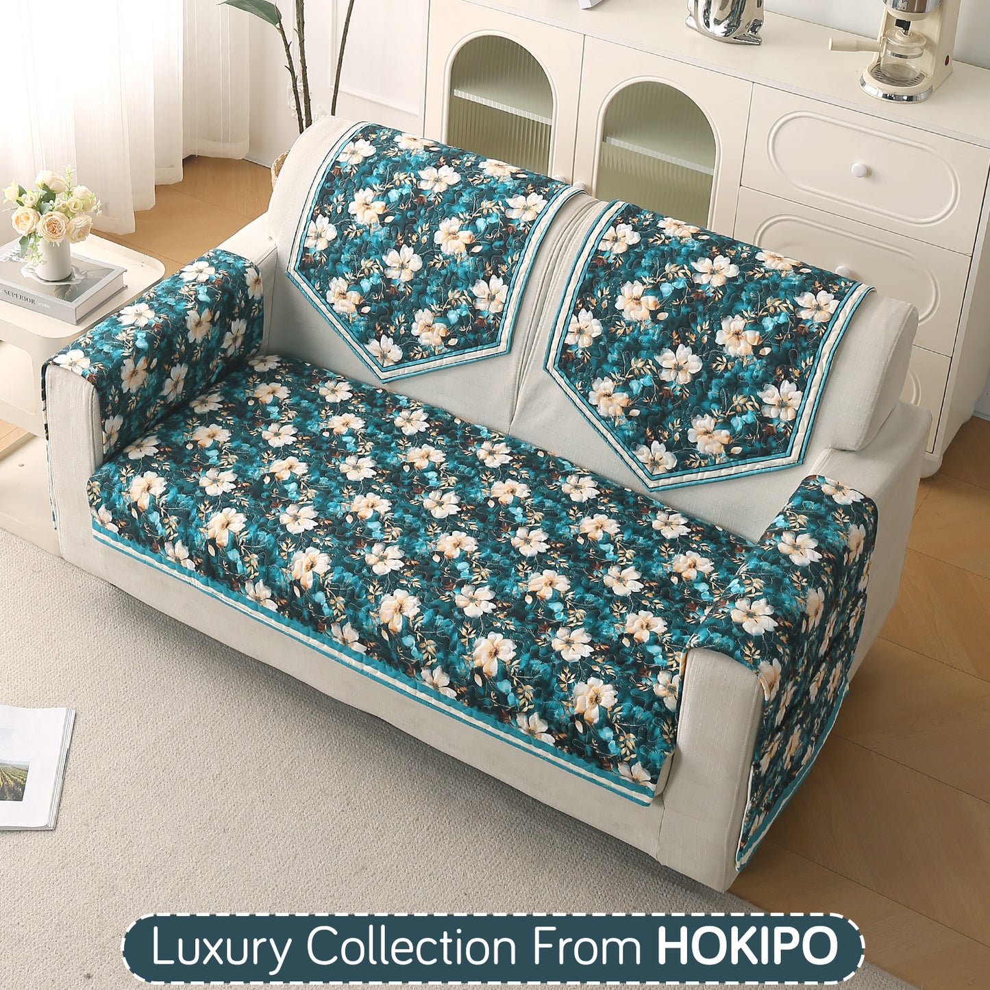Florentina Series Printed Holland Velvet Sofa Mat - Pansies Teal