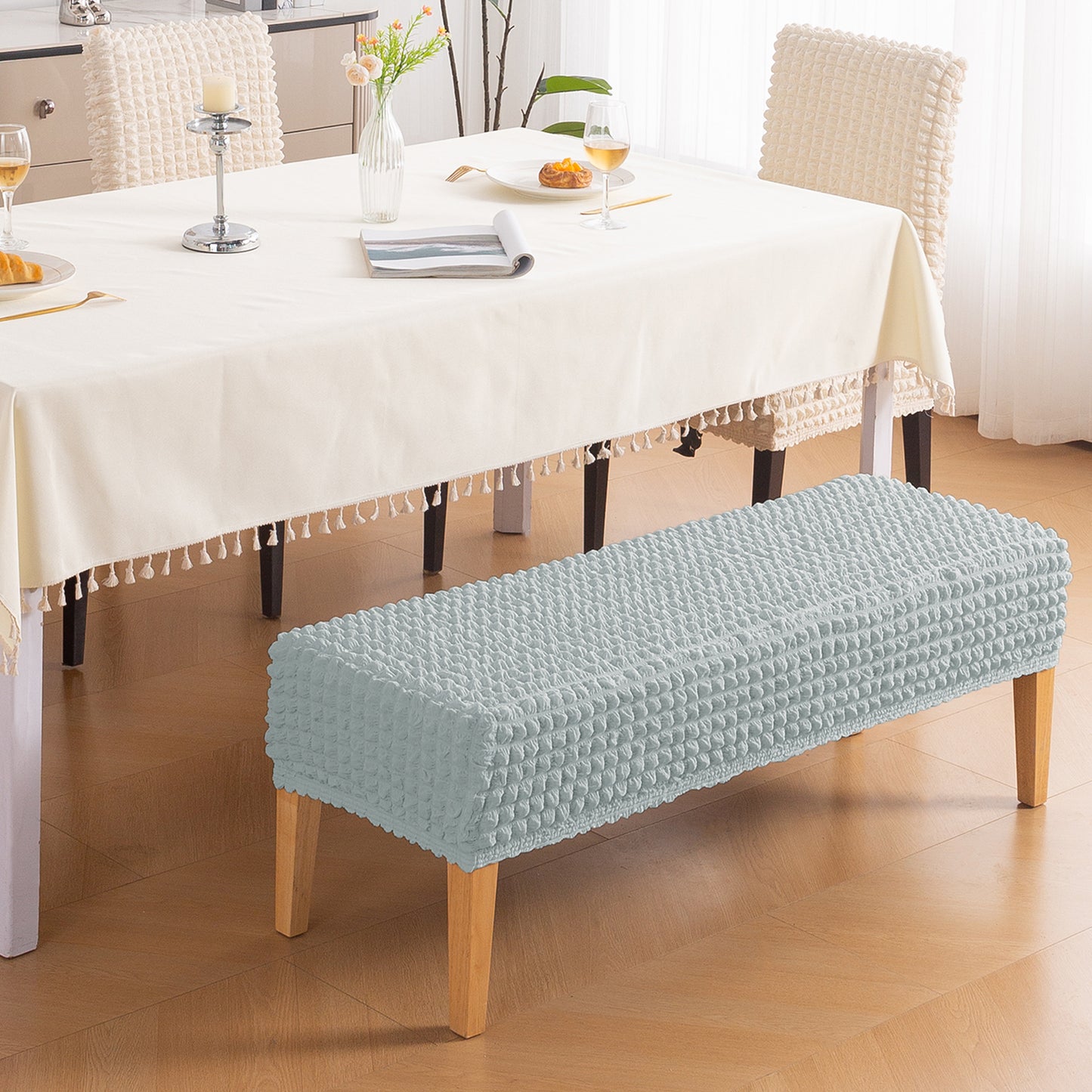 Aria Nova 280 GSM Stretchable Bubble Dining Bench Cover, Light Grey