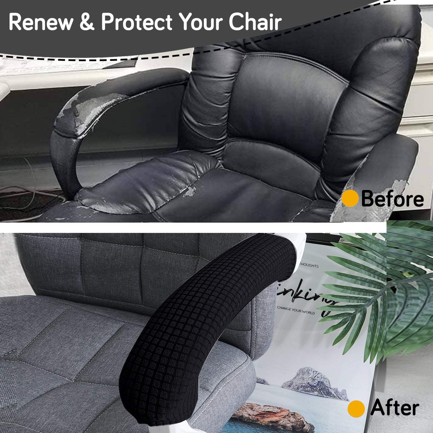 210gsm Jacquard Water Repellent Armrest Covers for Office Chair (Zipper Style), 1 Pair, Black