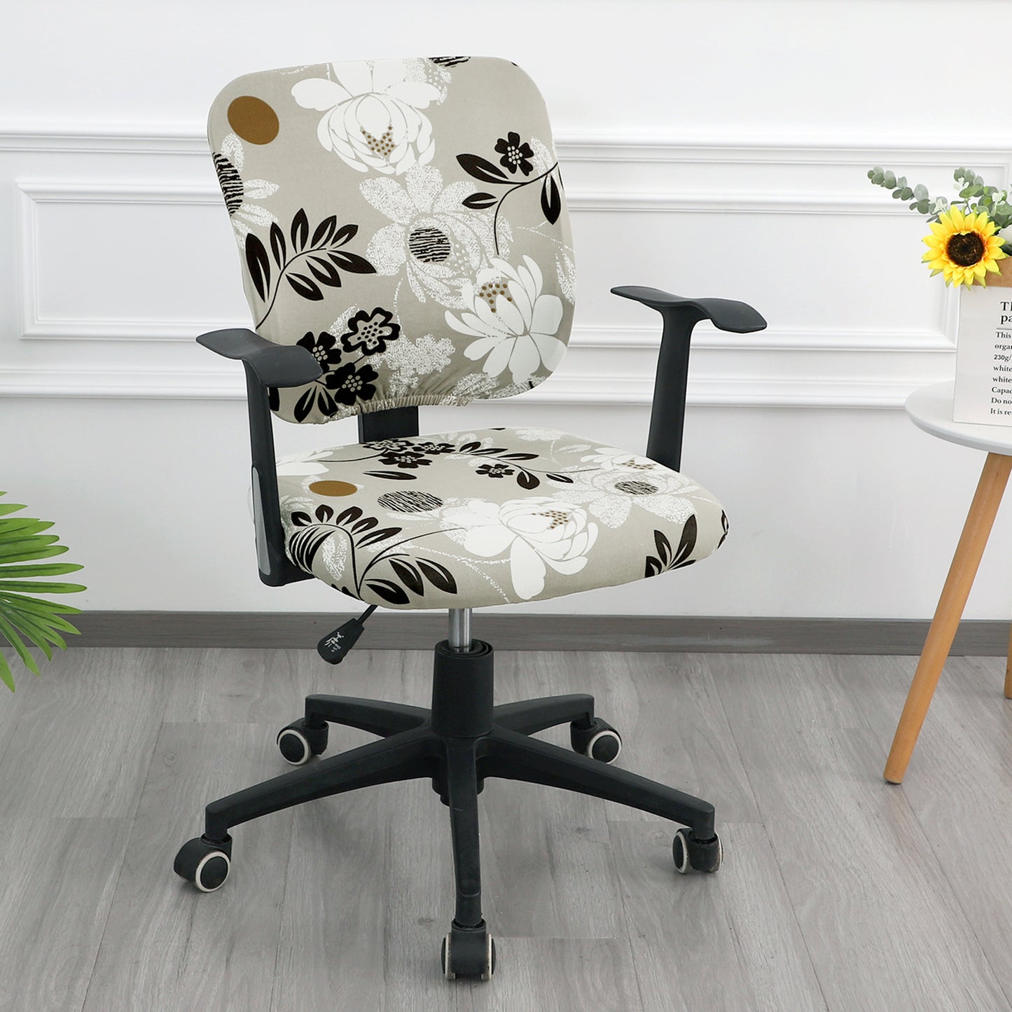 Printed Office Chair Cover for Task Chair – 140 GSM Stretchable Fabric – Washable & Anti-Slip – Fits Small Office Chairs Without Headrest, Feather Brown Floral