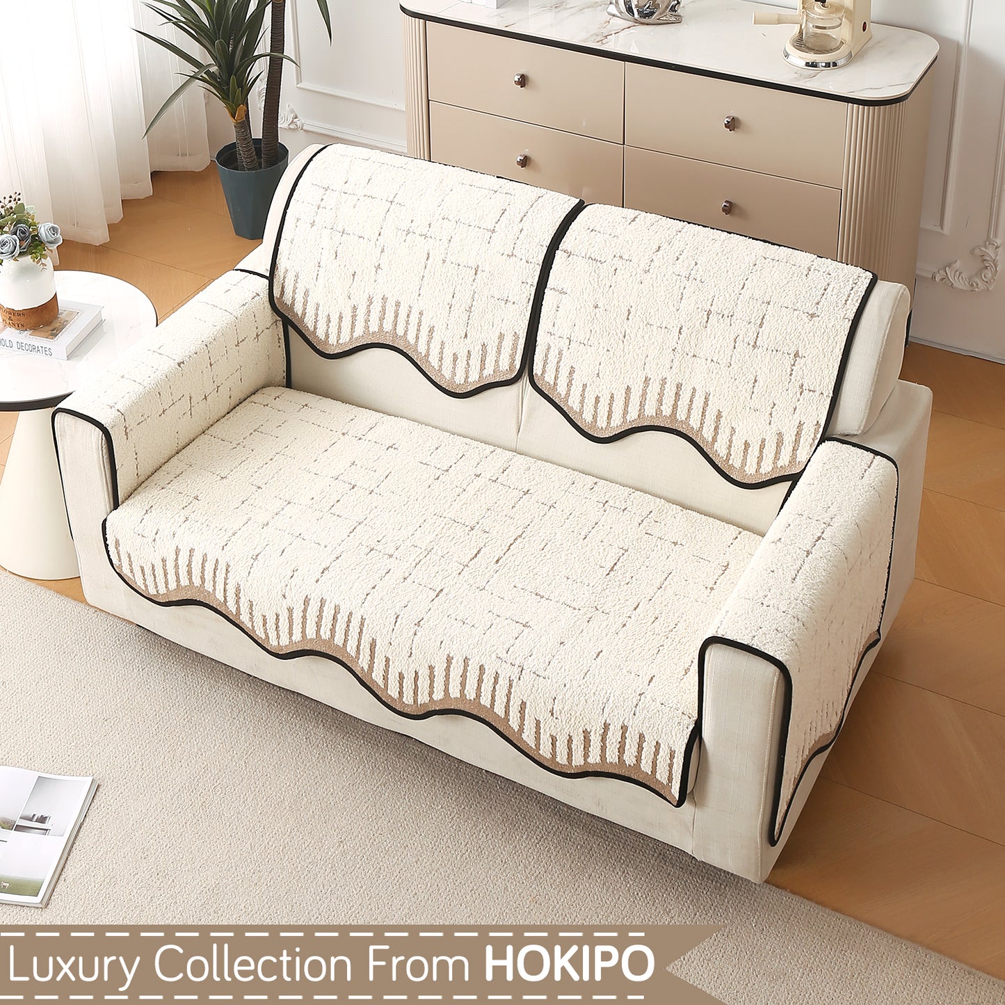 Premium Supple Soft Wavy with Curve Sofa Cover Mat, Cream Brown