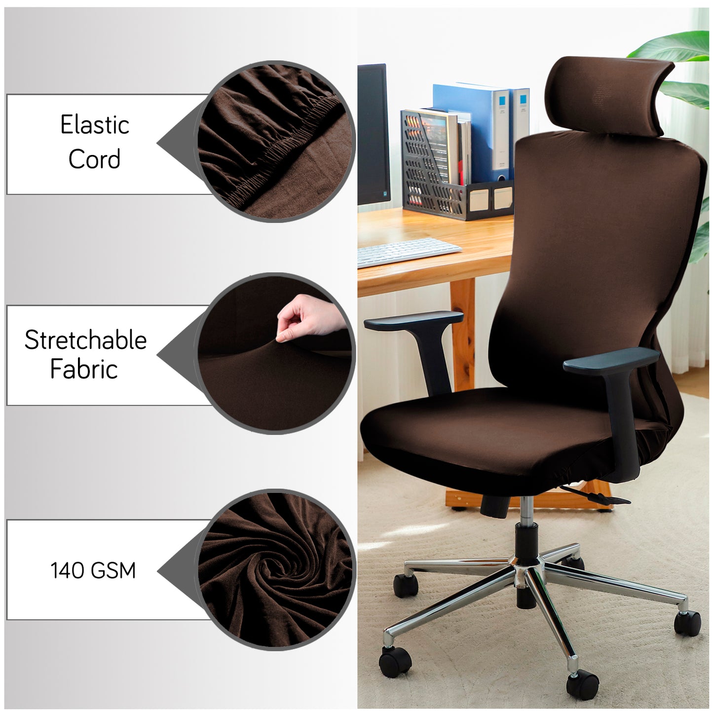 Office Chair Cover with Headrest (High-Back) – 140 GSM Stretch Fabric – Washable, Anti-Slip Fit for Ergonomic Mesh Office Chairs, Brown