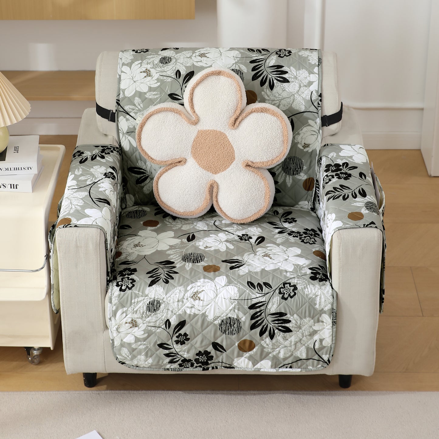 Waterproof & Quick-Dry Quilted Seater Sofa Cover with Pockets on Armrest, Feather Brown Floral