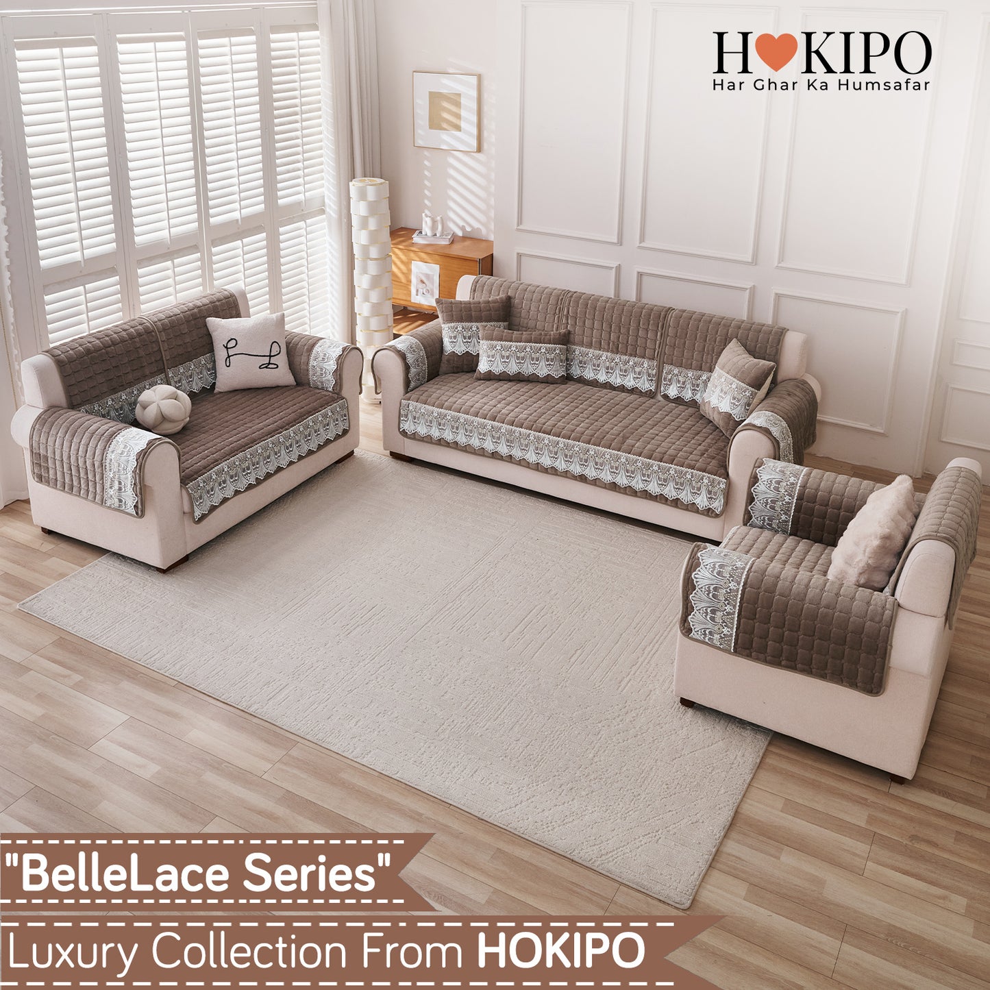 BelleLace Series Premium Imperial Milk Velvet Sofa Cover Mat with Lace Design - Mocha Brown