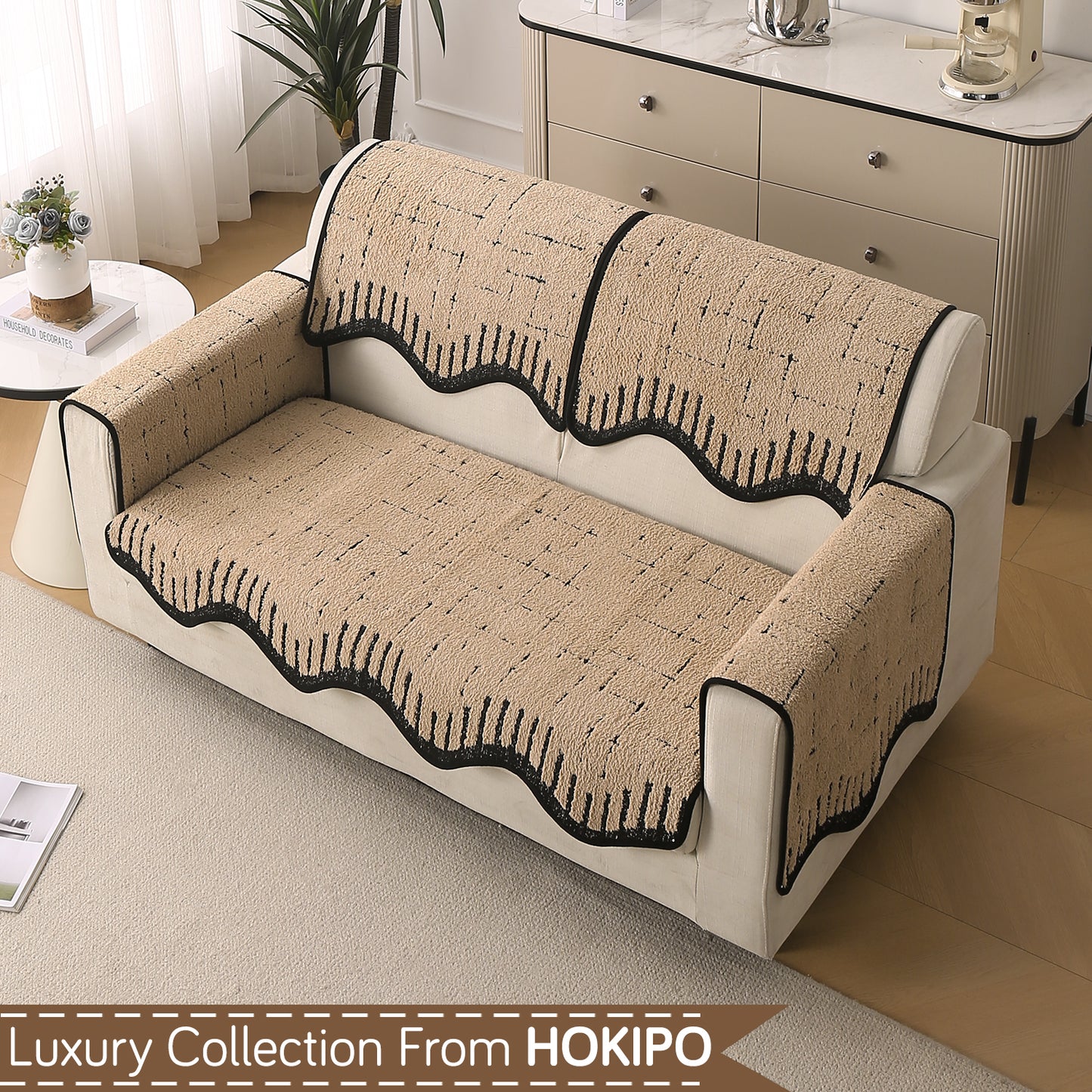 Premium Supple Soft Wavy with Curve Sofa Cover Mat, Brown
