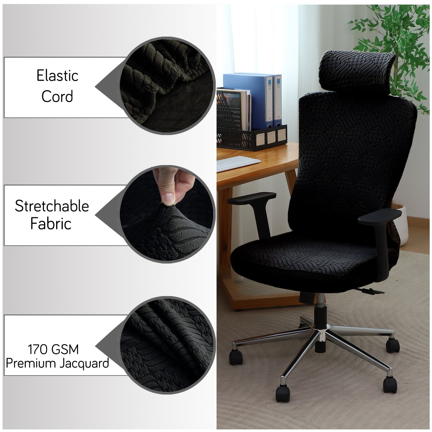 Office Chair Cover with Headrest (High-Back) – 170 GSM Stretch Jacquard – Washable, Anti-Slip Fit for Ergonomic Mesh Office Chairs, Black