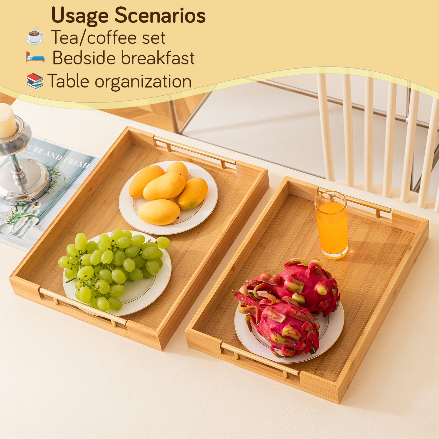 Bamboo Set of 2/3 Serving Tray Set with Gold Handles – Elegant Wooden Trays for Kitchen