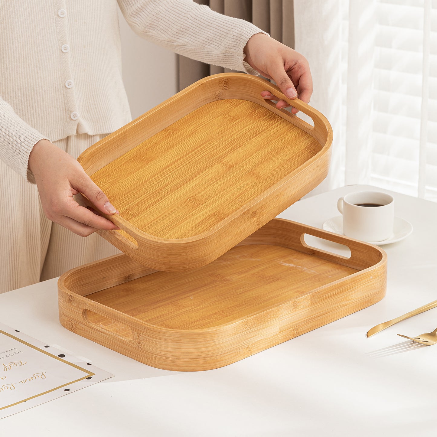 Natural Bamboo Serving Tray Set of 2/3 – Multipurpose Kitchen Tray with Handles