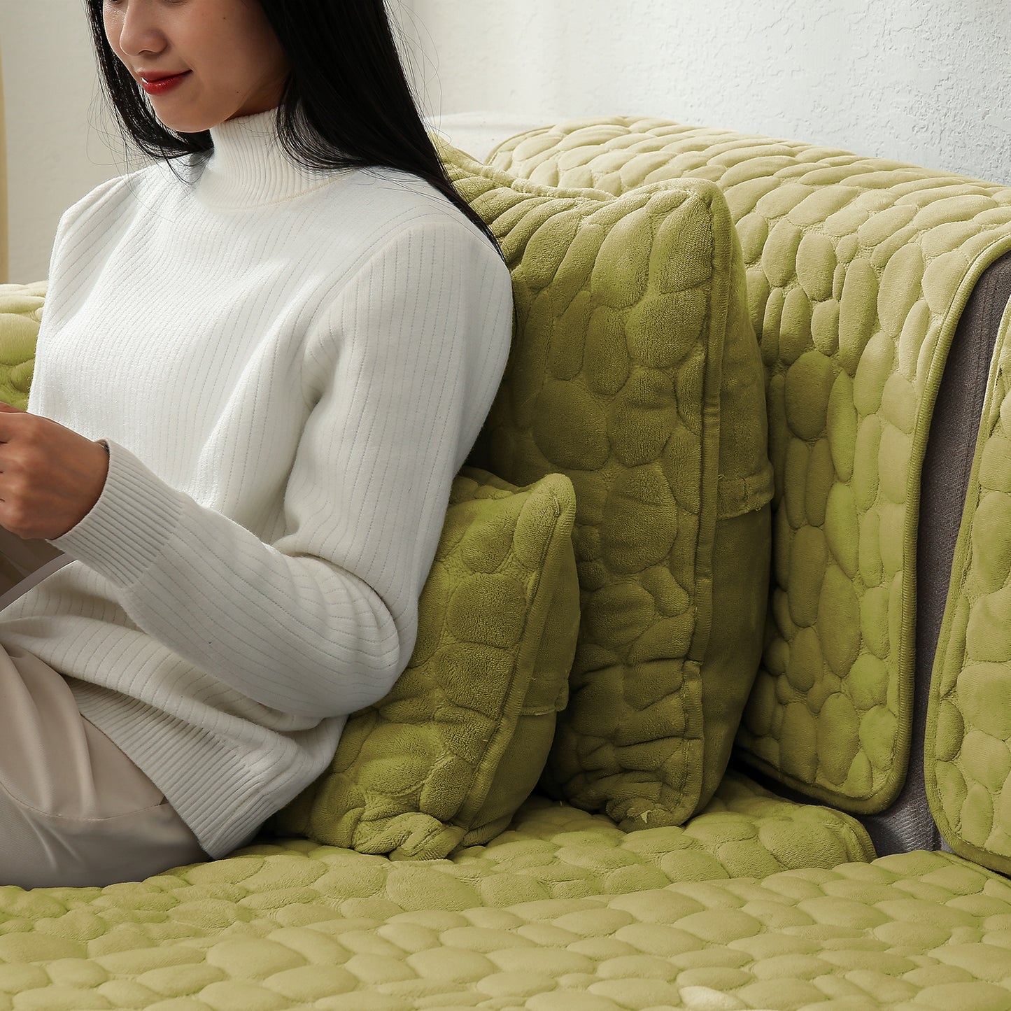 Premium Pebble Milk Velvet Anti Slip Sofa Mat for 1/2/3 Seater, Pristine Green