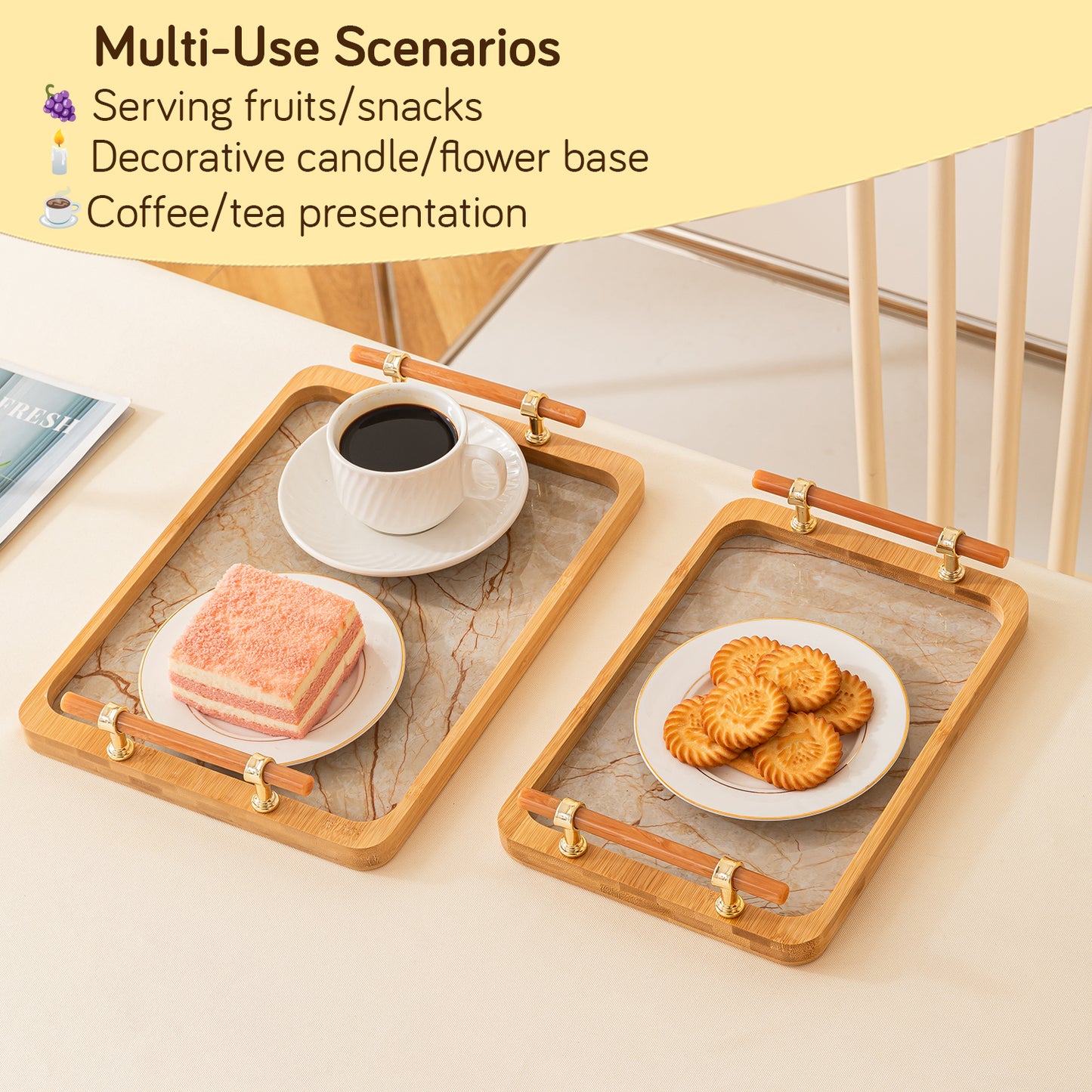 Luxury Bamboo Serving Tray Set with Faux Marble Base with Golden Handles